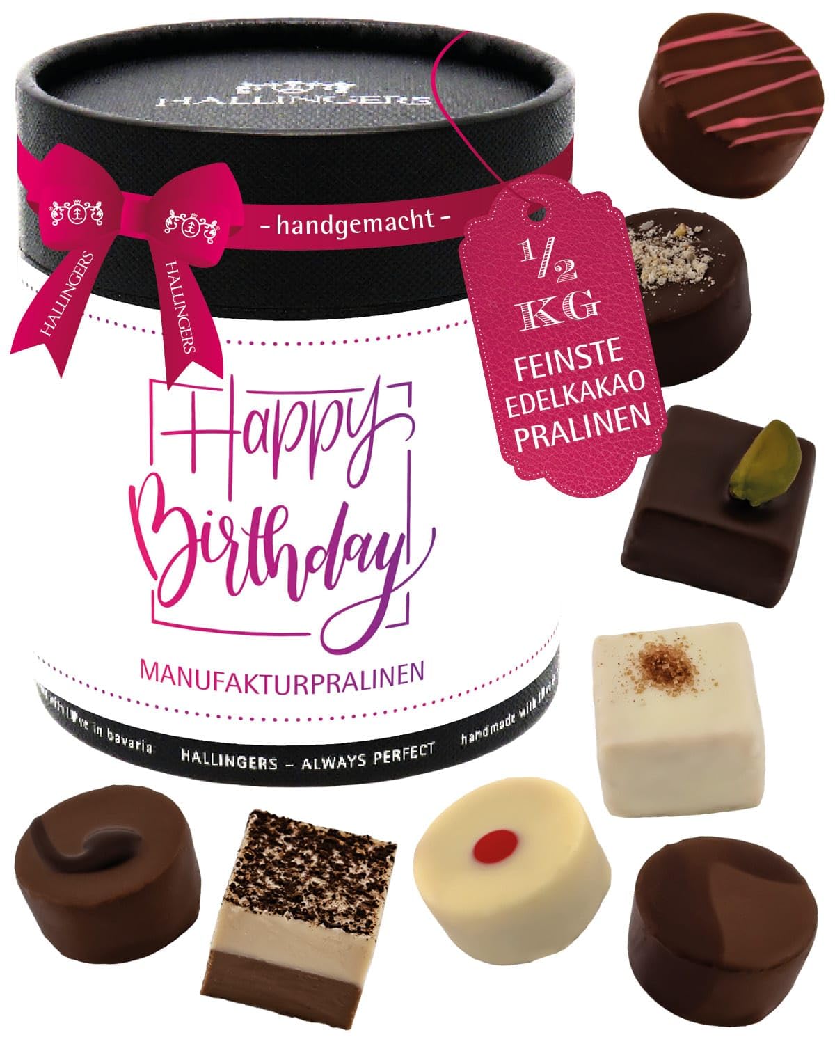 Hallingers Genuss Manufaktur Pralinen Geburtstagsgeschenk - ohne Alkohol, handmade aus Confiserie-Edelkakao in wertiger XXL-Geschenkdose "Happy Birthday ...", Geschenke für Frauen Freundin