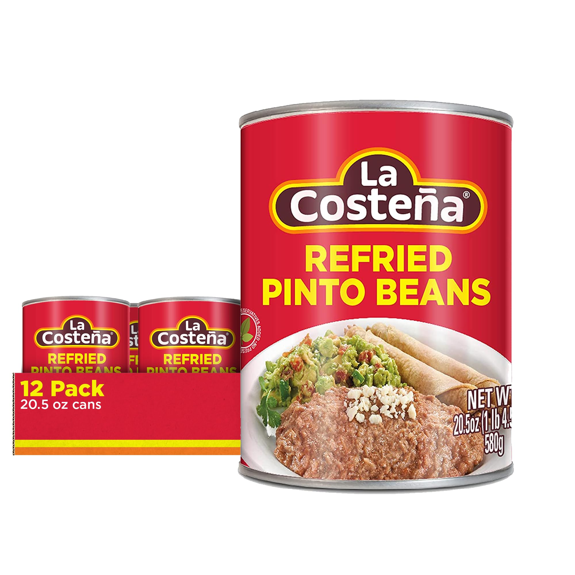 Refried Pinto Beans - Ready-to-Eat Canned Refried Beans for Mexican Food, Mexican Rice, Nacho Bean Dip, Bean Burrito, Carne Asada, Fajita & Taco Seasoning - 20.5oz, 12 Pack Canned Food