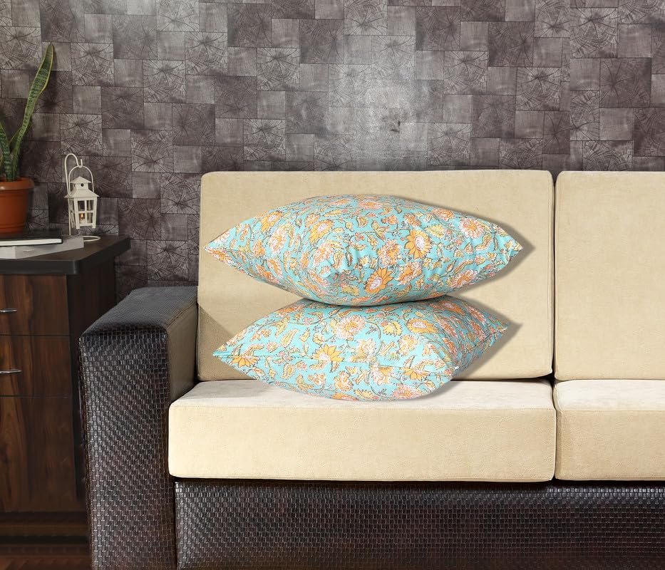 Texstylers Cotton Light Blue & Orange Reversible 18 x 18 Inches Jaipuri Printed Cushions Cover, Pack of 2