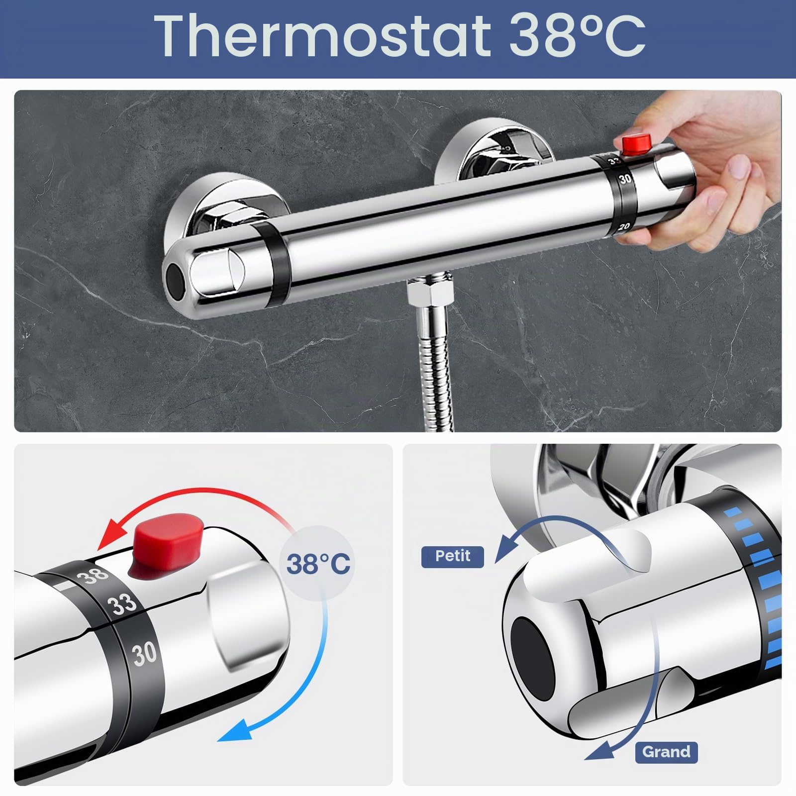 Ensemble de Douche avec Mitigeur Thermostatique avec Barre 635mm en Laiton | Système de Douche Thermostatique avec Mitigeur,Réglable Barre,Douchette à Main 5 Jets, Flexible Tuyau 1.5M, G 1/2", Chromé