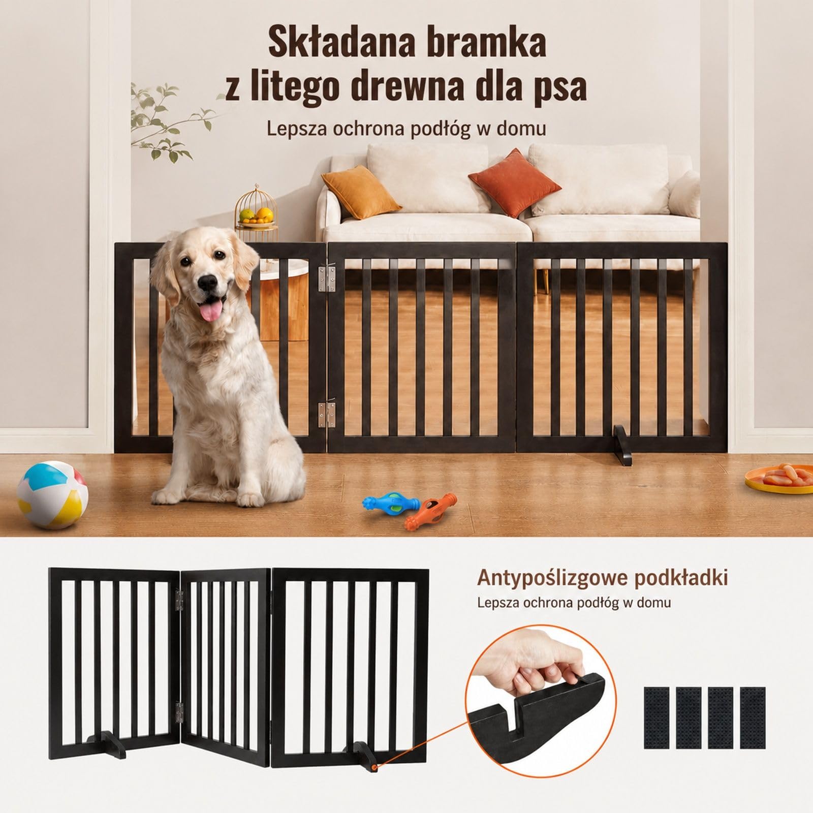 3-panelowa wolnostojąca składana bramka dla psa, brązowa barierka dla zwierząt z pionowymi szczeblami do drzwi, schodów i korytarzy