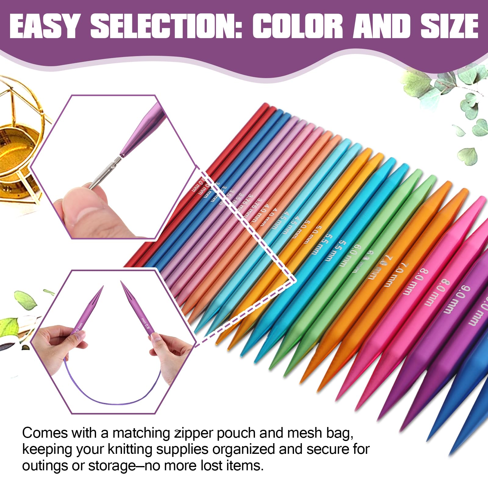 Juego de agujas circulares intercambiables con 13 pares de agujas de tejer de aluminio (10 cm) de grosor 3-8 mm, incluye cables, accesorios, bolsa (macaron)
