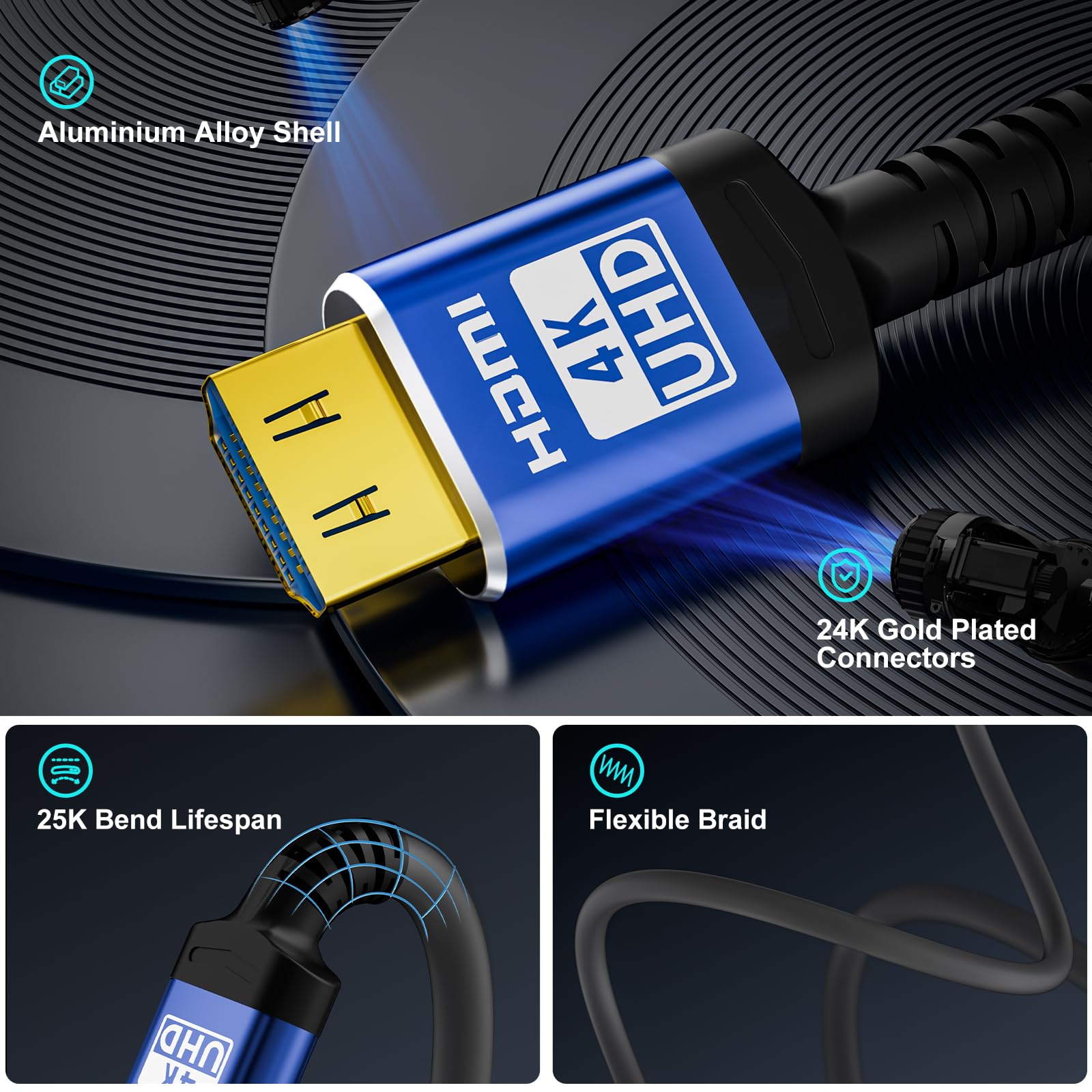 18Gbps Cavo HDMI 25 metri con connettori di presa, 4K Alta Velocità Ethernet 2.0 Cavo Flessibile, Supporto 4K@60Hz HDR,HDCP2.2,ARC,3D,CEC, per HDTV/PS4/3/Xbox/Monitor/Proiettore ecc