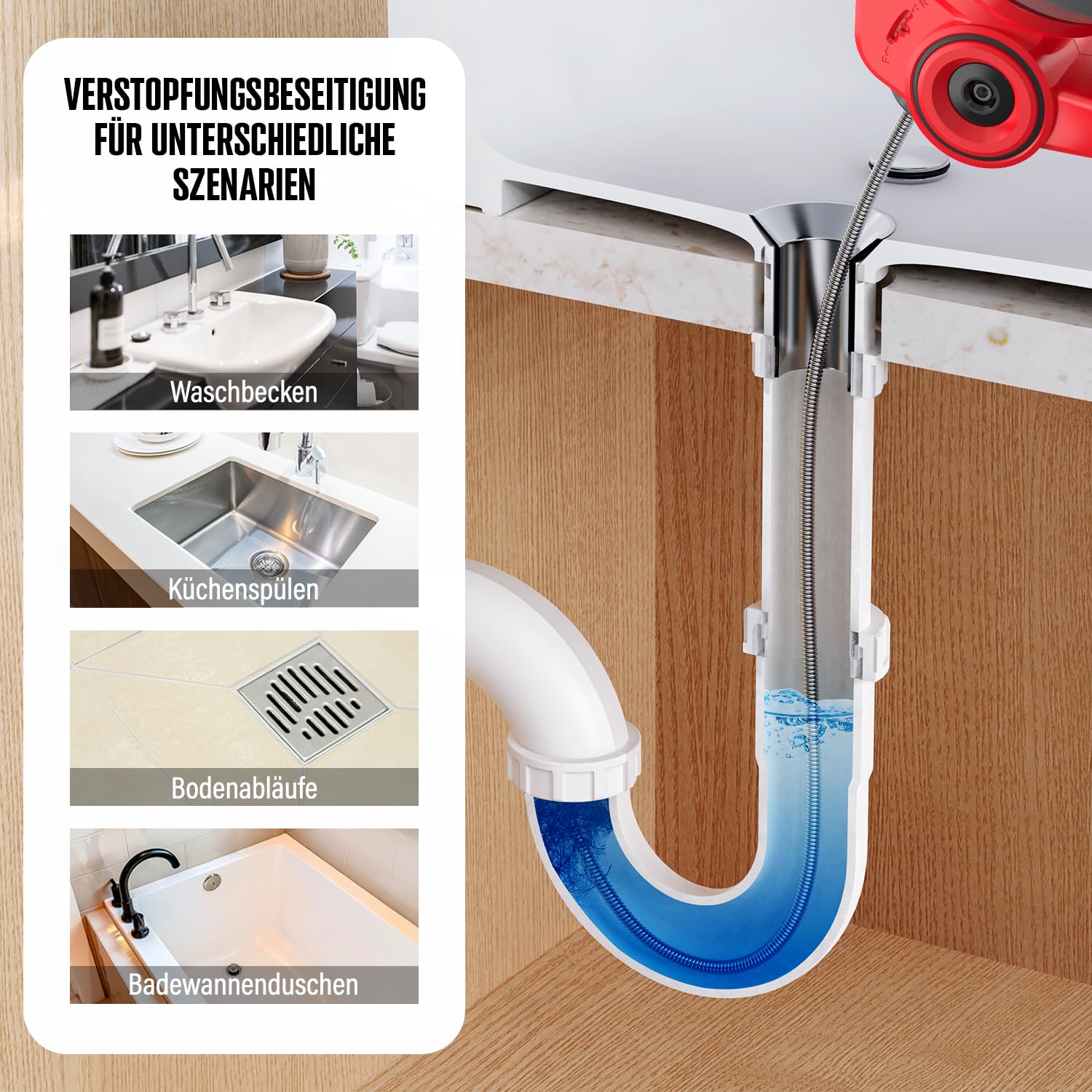 POPULO Rohrreinigungsspirale Akku-Rohrreiniger, 7,6m 18V Elektrischer Abflussreiniger für 18-65mm Rohrverstopfungen Verwendet, Geeignet für WC, Kanalisation, Badewanne, Küchenspüle und Waschbecken