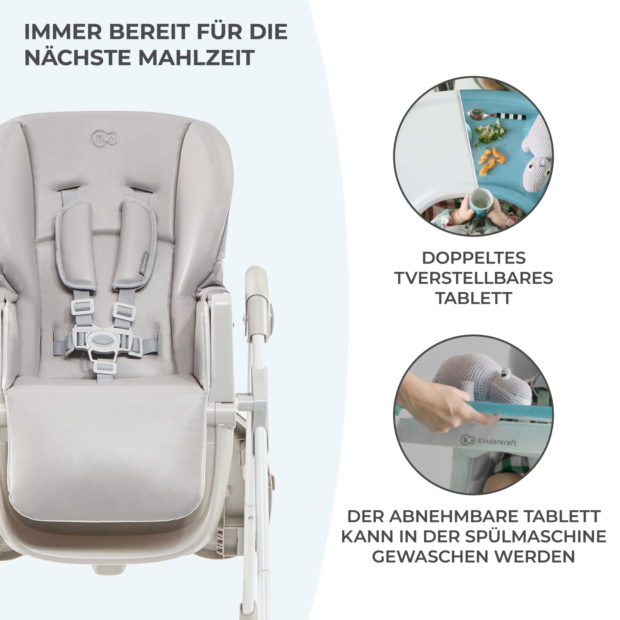 Kinderkraft YUMMY Hochstuhl, Kombihochstuhl, Babystuhl, PU-Bezug, Grau