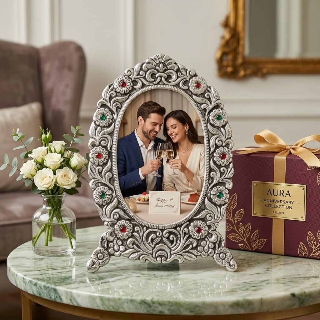 Oxon Decorative Oval Photo Frame for Tabletop Display | Antique Silver Finish Picture Frame with Floral Stone Design | Elegant Family, Wedding & Anniversary Photo Frame for Home Décor, Living Room, Bedroom & Office-image-12