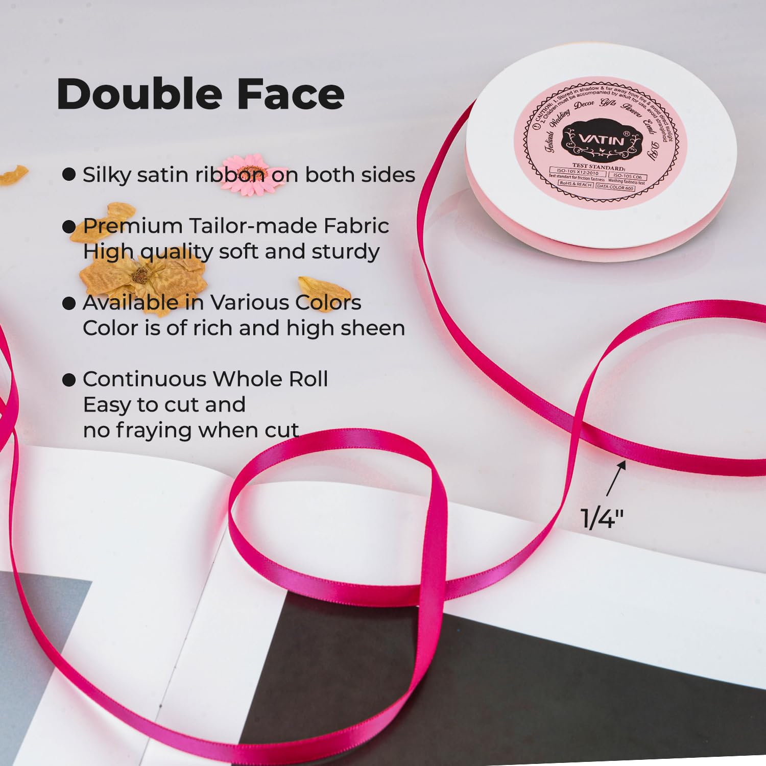 VATIN Shocking Pink Double Faced Polyester Satin Ribbon with 1/4" Width - Image 2