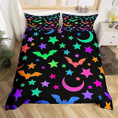 Erosebridal Juego de ropa de cama con diseño de murciélagos y cielo estrellado colorido para niños pequeños, funda de edredón de estrellas