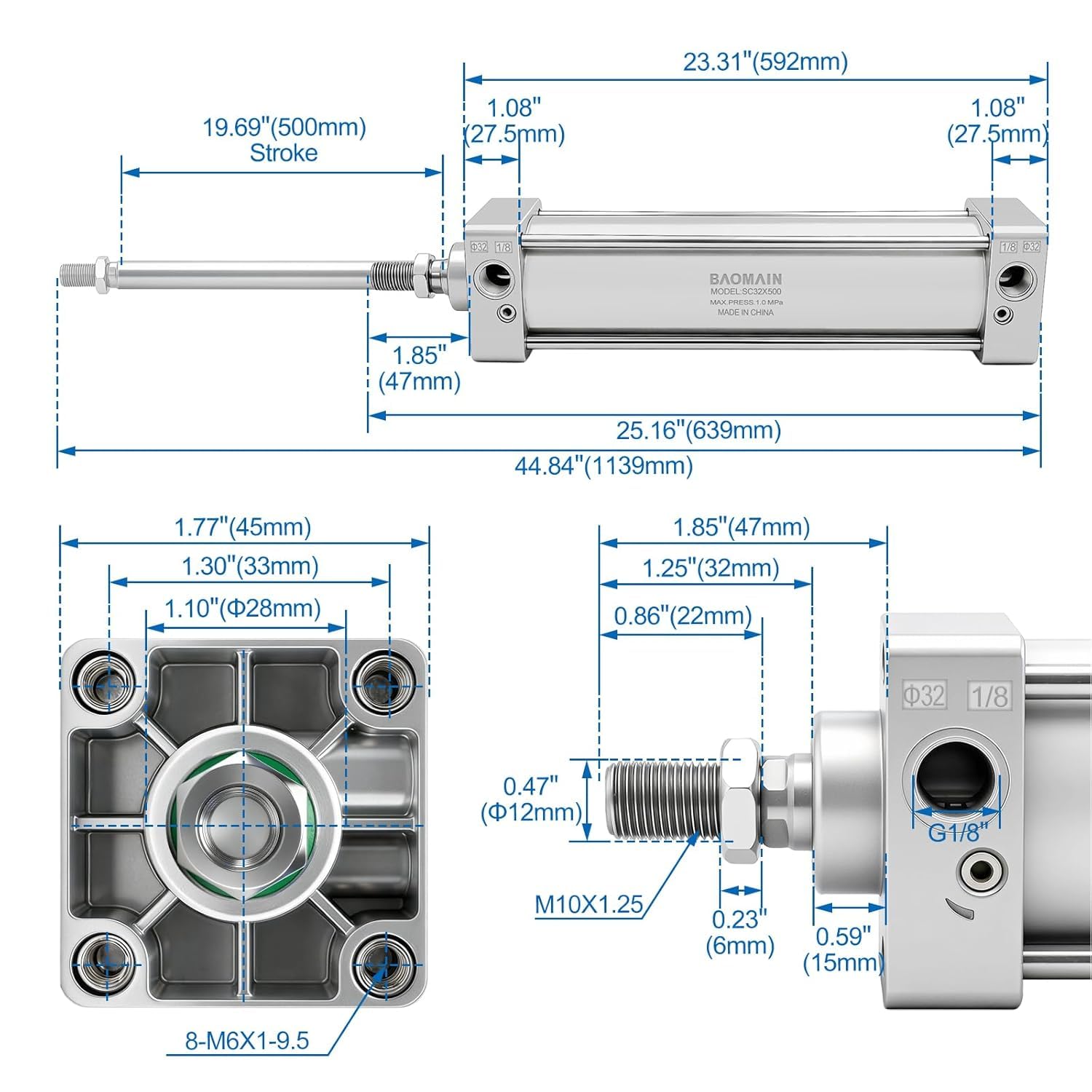 BAOMAIN SC 32 x 500 Pneumatikzylinder Standardzylinder Doppeltwirkend, 32mm Bohrung, 500mm Hub, PT 1/8" Anschluss, M10x1,25 Kolbenstangengewinde, Druckluftzylinder für Industrie & Automatisierung