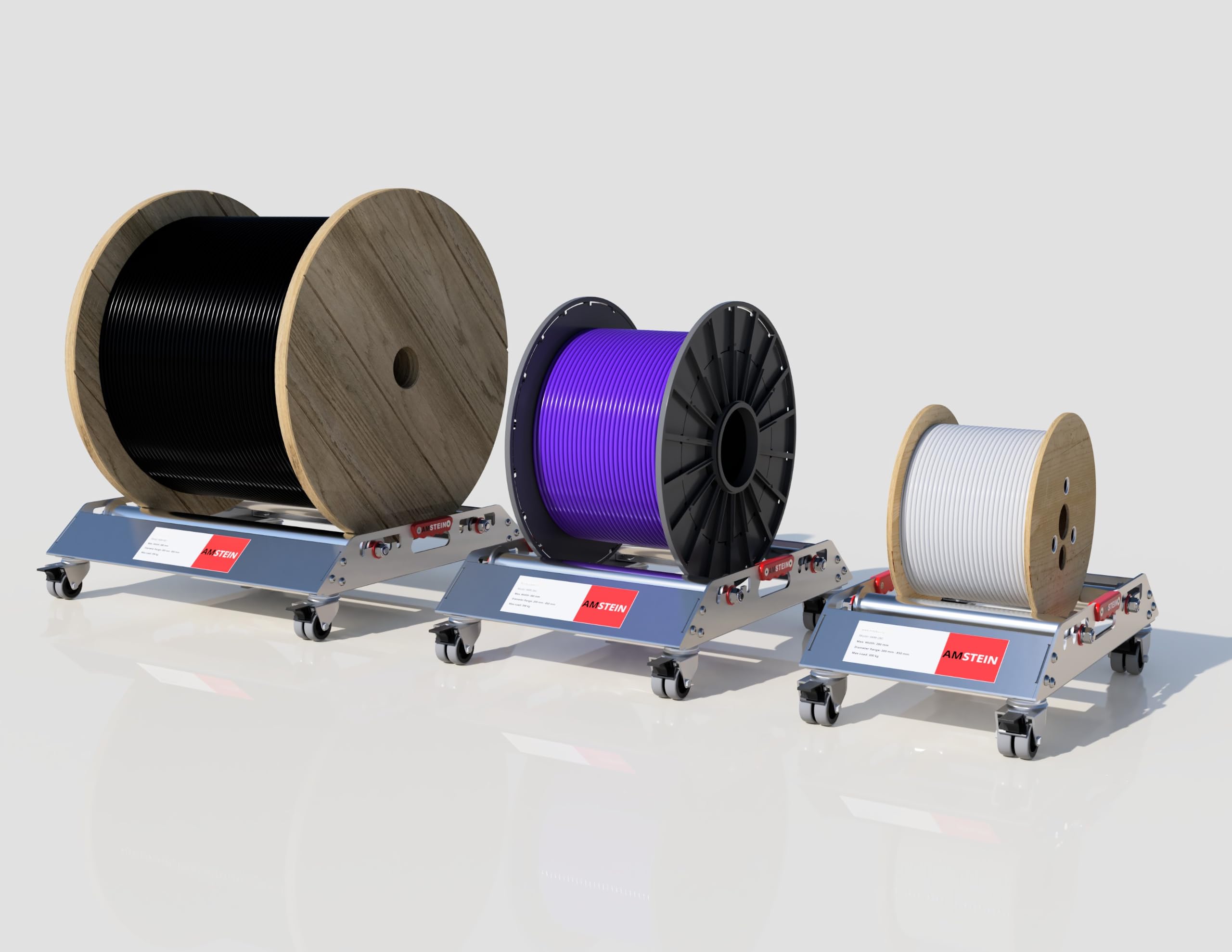 Profi Kabelabwickler AMR-580 mit 4 gebremsten Lenkrollen für Kabeltrommeln 200-850mm, bis 300kg Tragkraft, 600kg im Tandem, max 580mm Breite, robuster Trommelabroller verzinkt