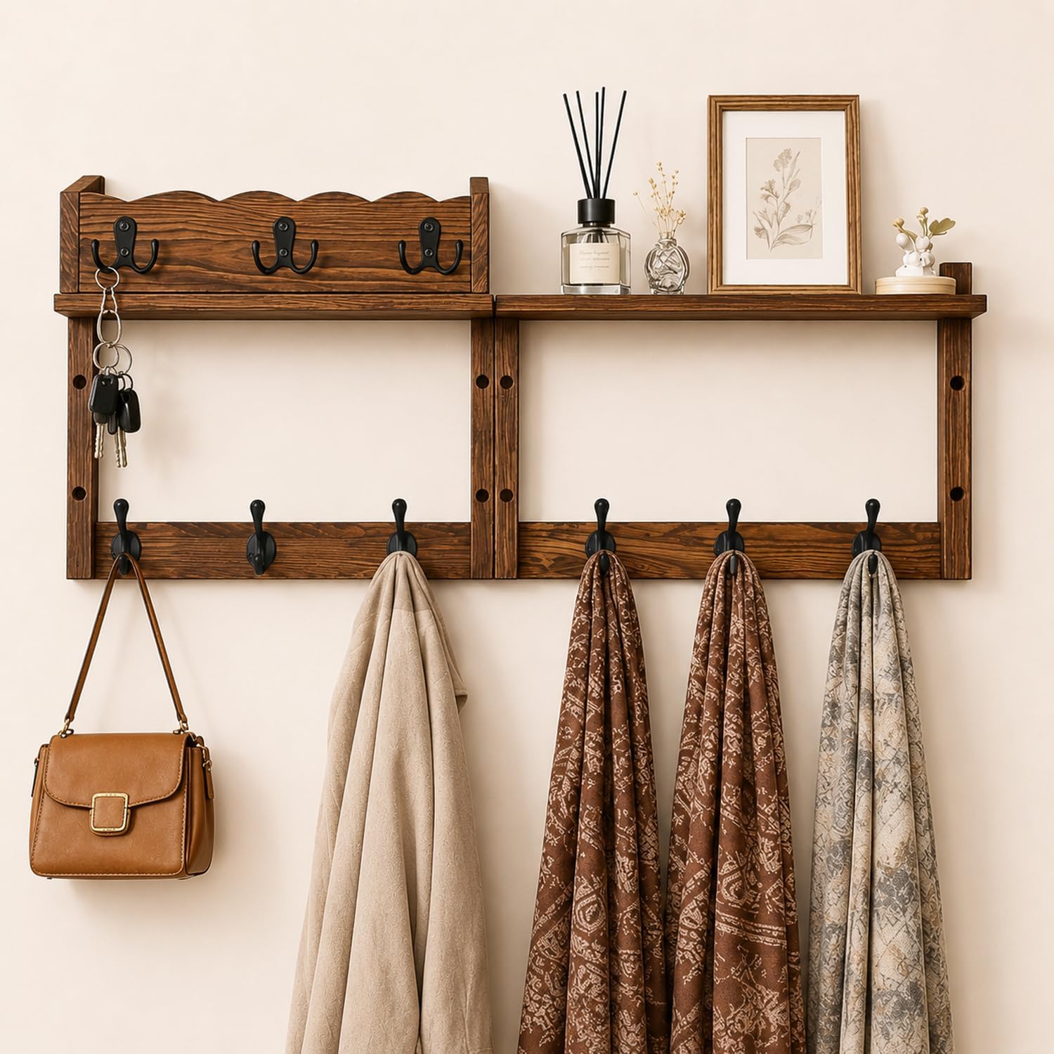 28" Coat Rack Wall Mount with Shelf, Entryway Wall Mounted Coat Rack Wood Wall Coat Hooks with 7 Hooks 3 Key Hanger, Key Holder Wall Mount Mail Holder for Living Room, Bedroom