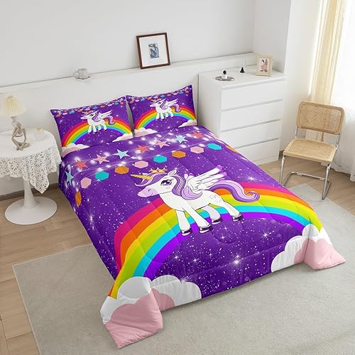 Miniatura 3 de Juego de edredón de unicornio para niñas, tamaño individual, juego de ropa de cama con diseño de arcoíris, bonito edredón de plumón con purpurina de
