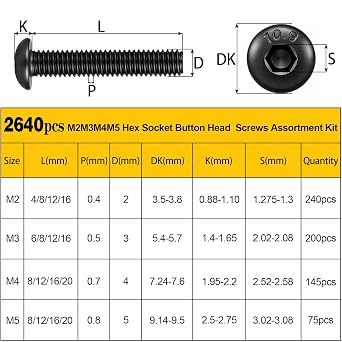 2640PCS M2 M3 M4 M5 Metric Socket Button Head Screws Assortment Kit