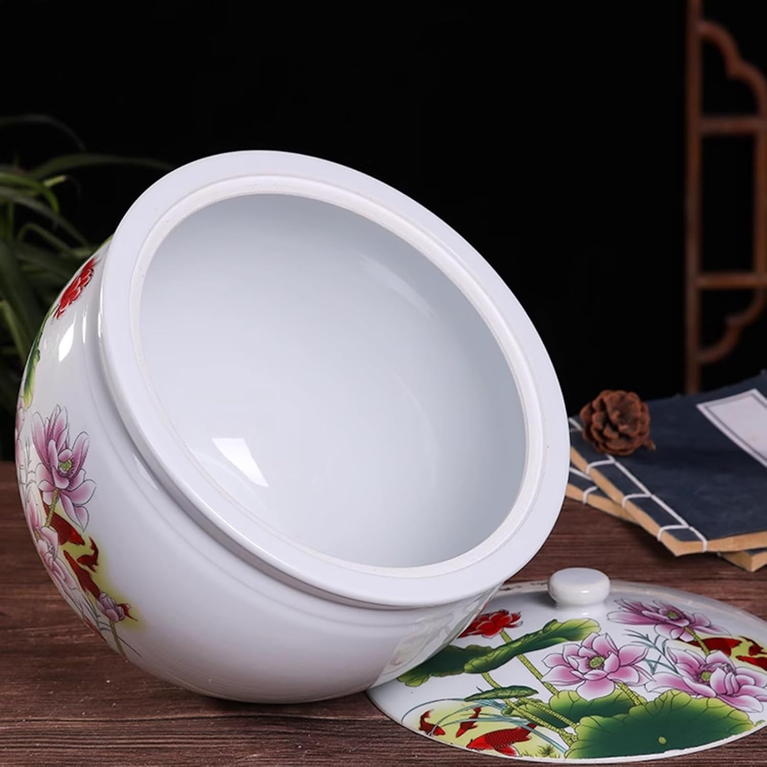 JKGHK Rice Container, Ceramic Rice Cylinder with Lid, Household Rice Bucket, Chinese Jar Ceramic Decorative, for Coffee, Sugar, Tea, Flour and More(White G,5kg)