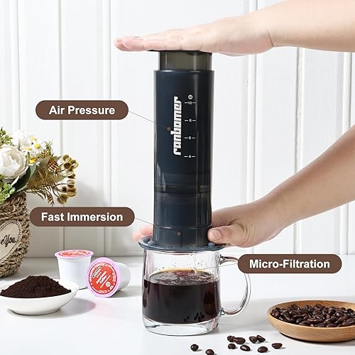 Miniatura 5 de Cafetera de prensa francesa, 2 en 1, compatible con K Cup, cafetera portátil para café molido, negro, capacidad de 10 onzas, para campamento, viajes