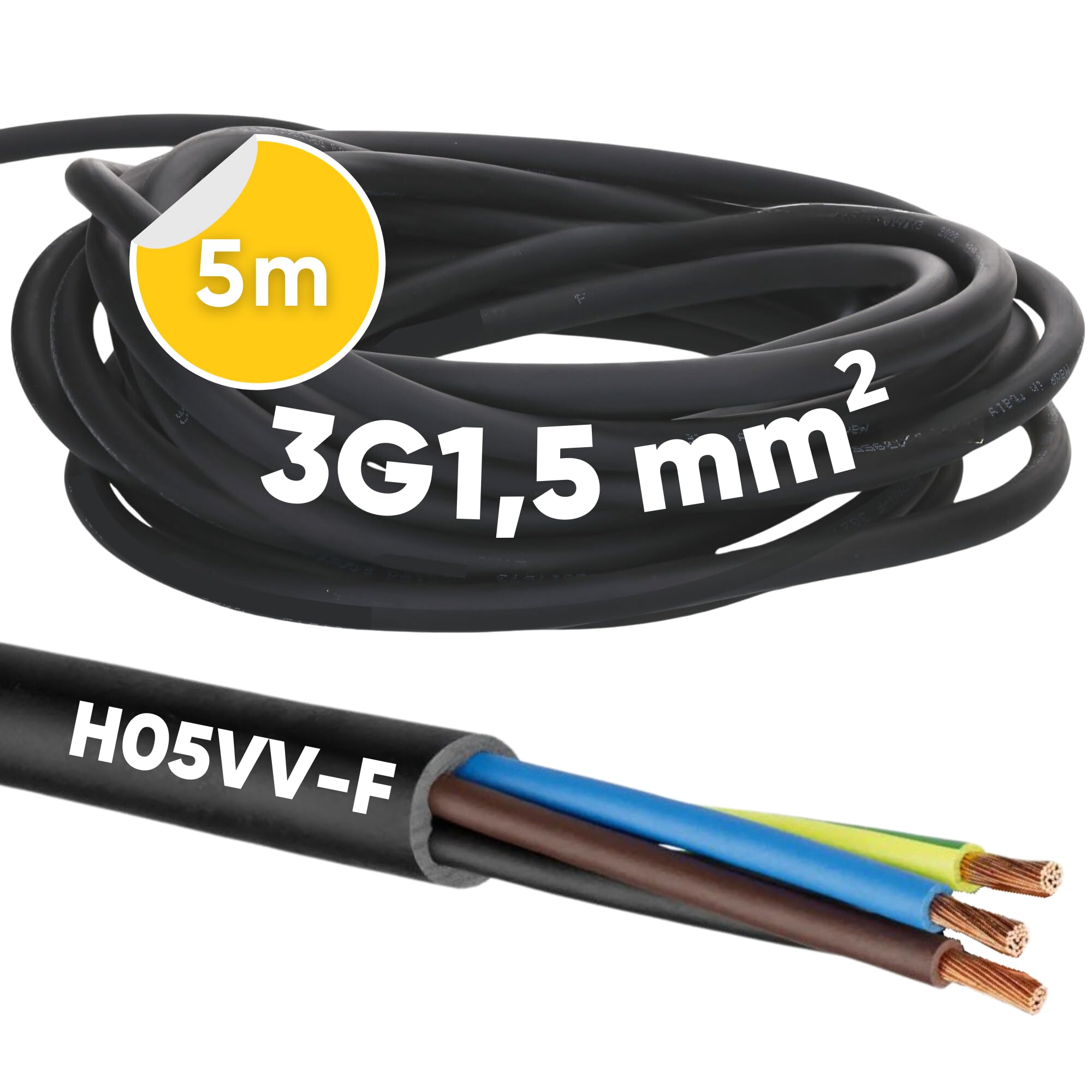 5 Meter H05VV-F Schlauchleitung 3x1,5 Mm² - Flexibles Stromkabel Für Innenbereich
