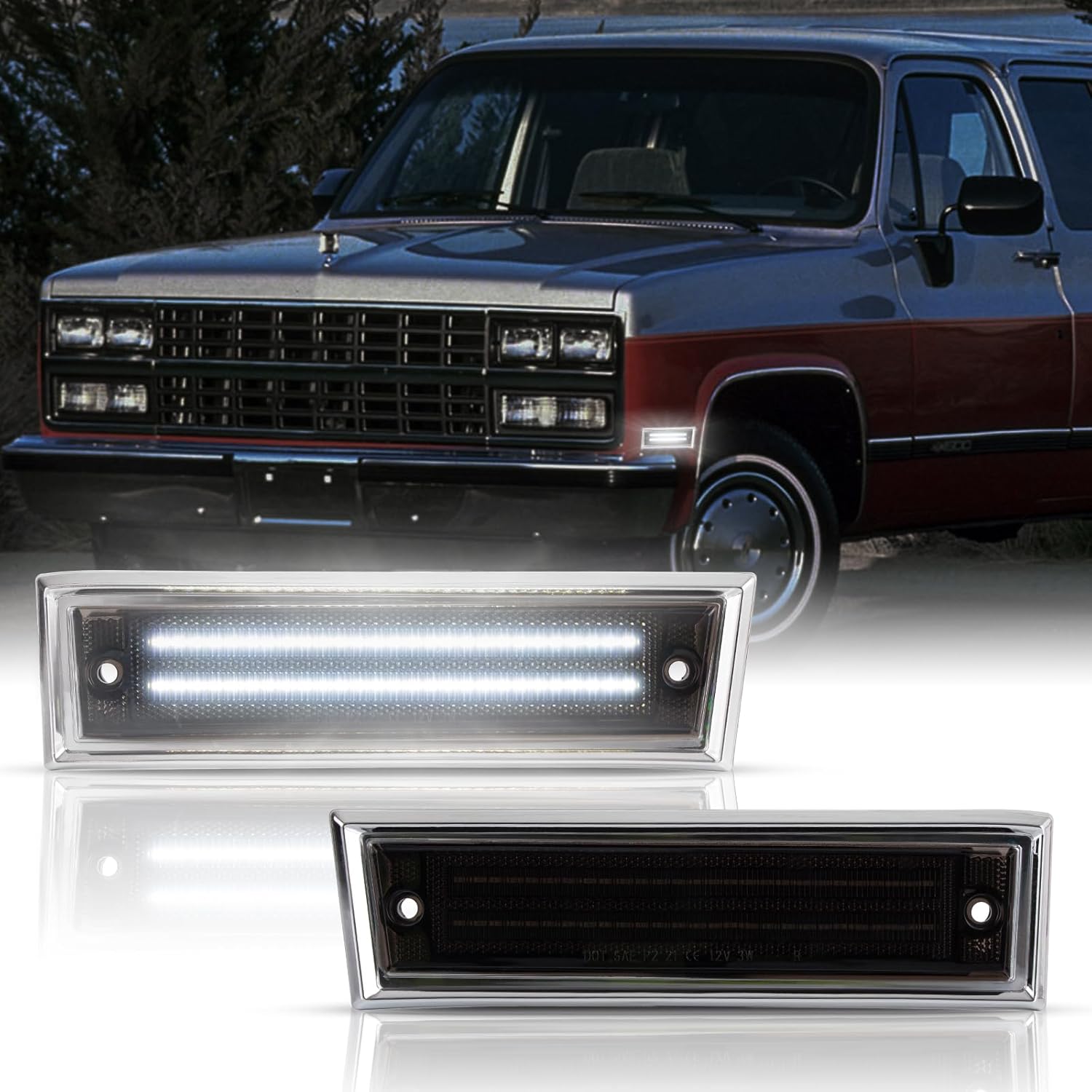 POPMOTORZ White LED Side Marker Lights Front Fender Side Marker Lamps for 1981-1991 Chevy C10 C20 C30 GMC C1500 C2500 Suburban Blazer Jimmy Front Bumper LED Side Marker Lights Smoked Lens 2PCS