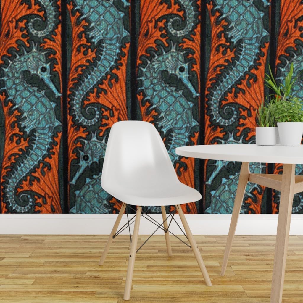 Removable Wallpaper 3ft x 2ft - Seahorse Stripe Mosaic Coral Aqua Ocean Arts Custom Pre-Pasted Wallpaper by Spoonflower