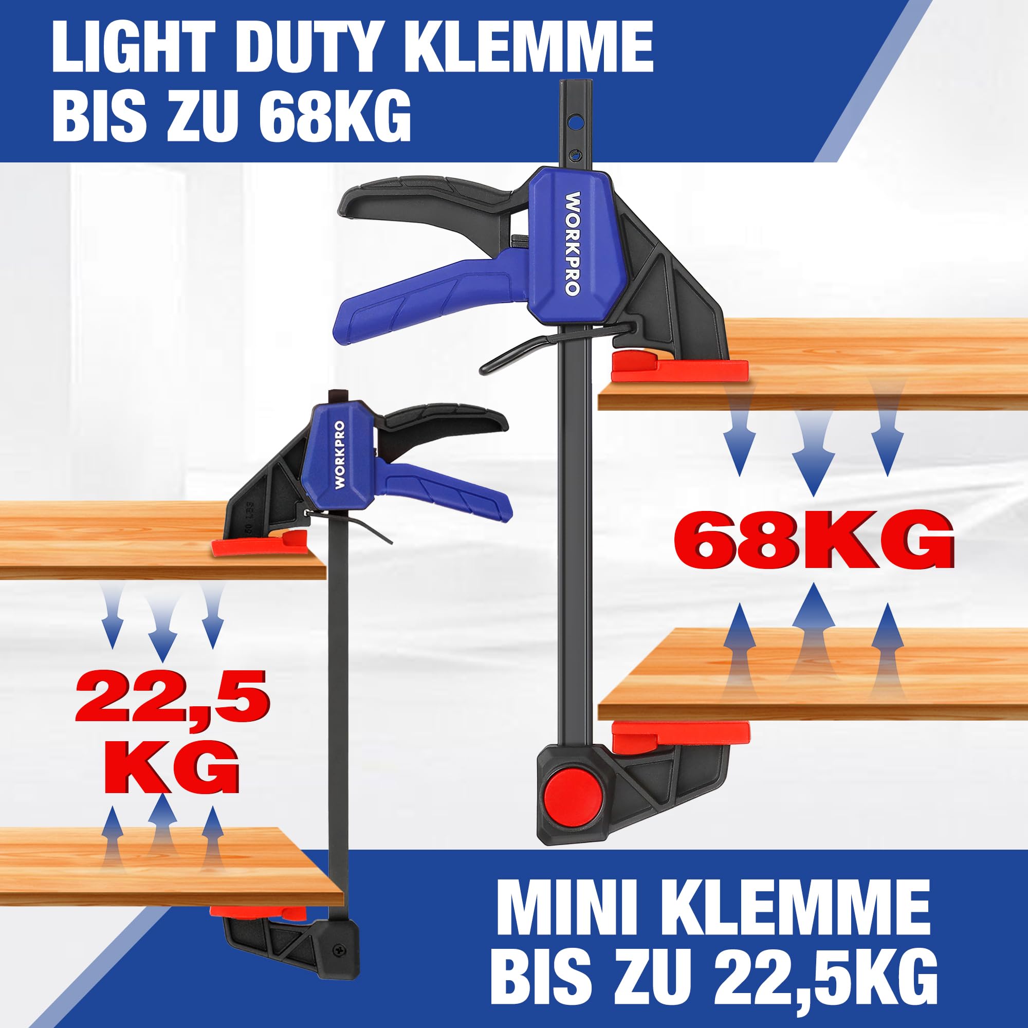 WORKPRO Einhandzwingen Set 6 Stück, 150mm Schraubzwinge Set Spannkraft 22,5kg/68kg, Spannweite 150mm, 4 Klassik & 2 Mini Schraubzwingen für präzises Fixieren und Holzarbeit