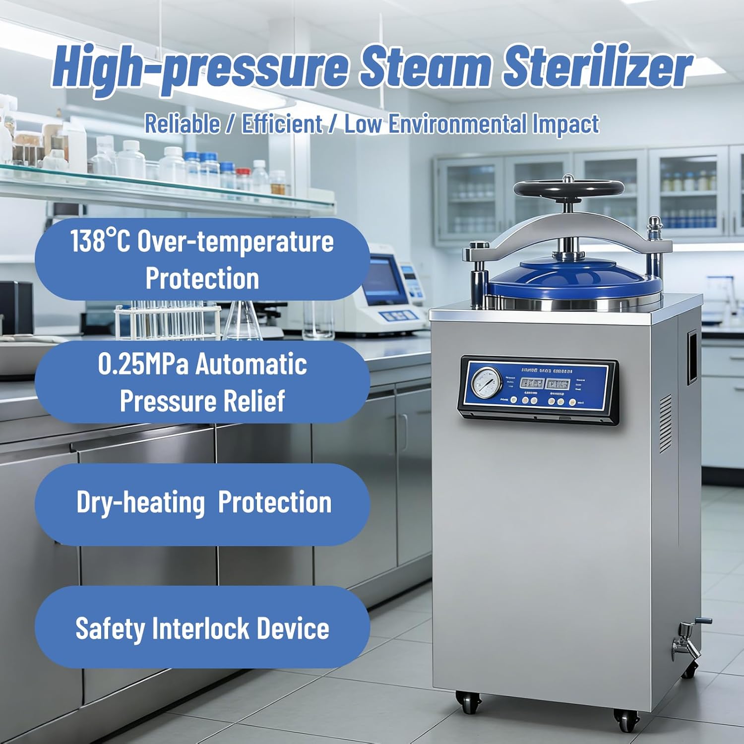 110V 75L Automatic Vertical Steam Autoclave for Lab & Medical Instruments, Digital Display 4.5kW High-Power Sterilizer with Hand-Wheel Lock & Stainless Steel Chamber (DGL-B-75L)