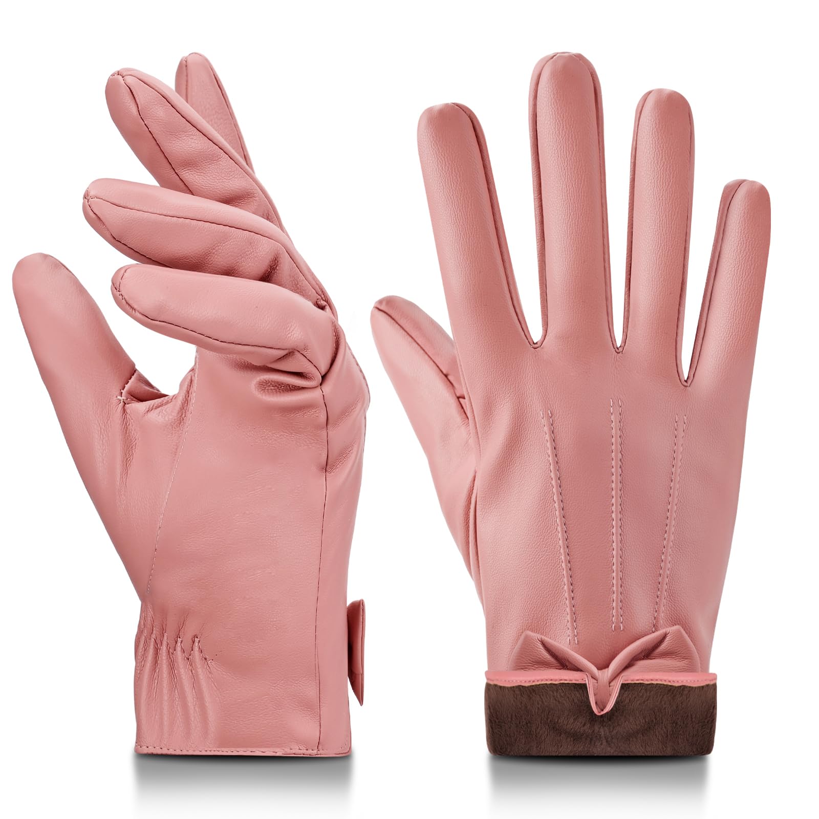 Zuimeihqh Women's Pink Black Leather Gloves Warm Touch Screen Leather Gloves, Fleece Lining Pu Winter Glove For Driving Riding Cycling (Pink)