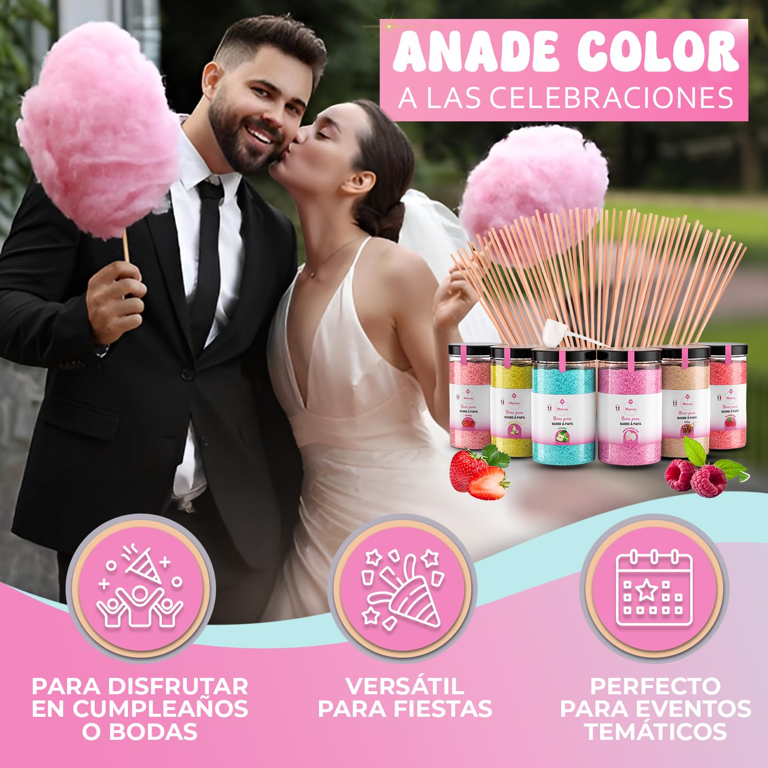 Misskandy,azucar para algodon de azucar/para máquina 1,8 kg (6 * 300g)/sabores: fresa, manzana, malvavisco, cola, frambuesa, piña colada, + 50 palos (30 cm) (ofrecido)