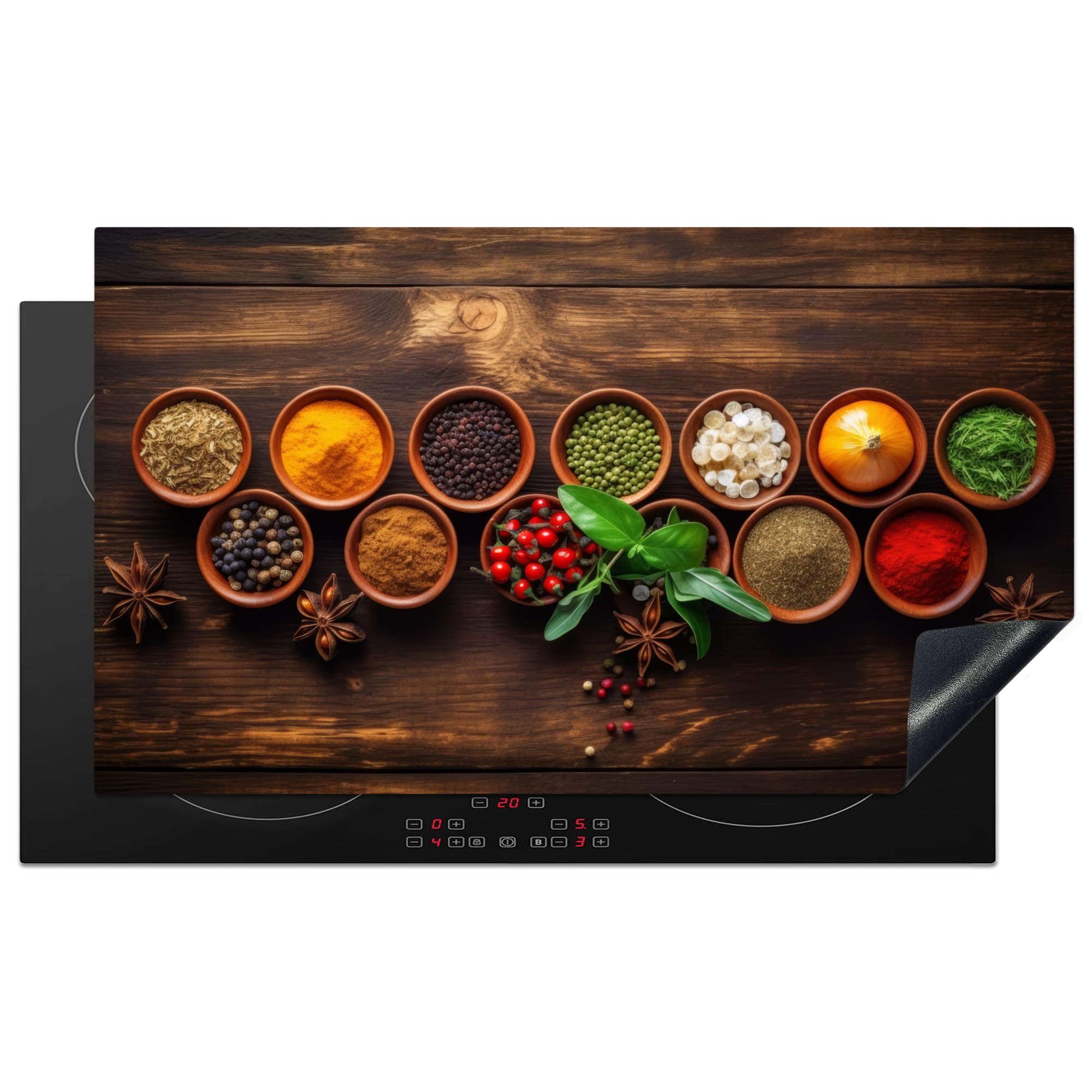 KitchenYeah© Induction Hob Cover Protector Mat 20.3"x35.3" / 89.6x51.6 cm Kitchen Universal Ceramic Covers for Electric Cookers Vinyl Herbs - Spices - Mint - Wood Print