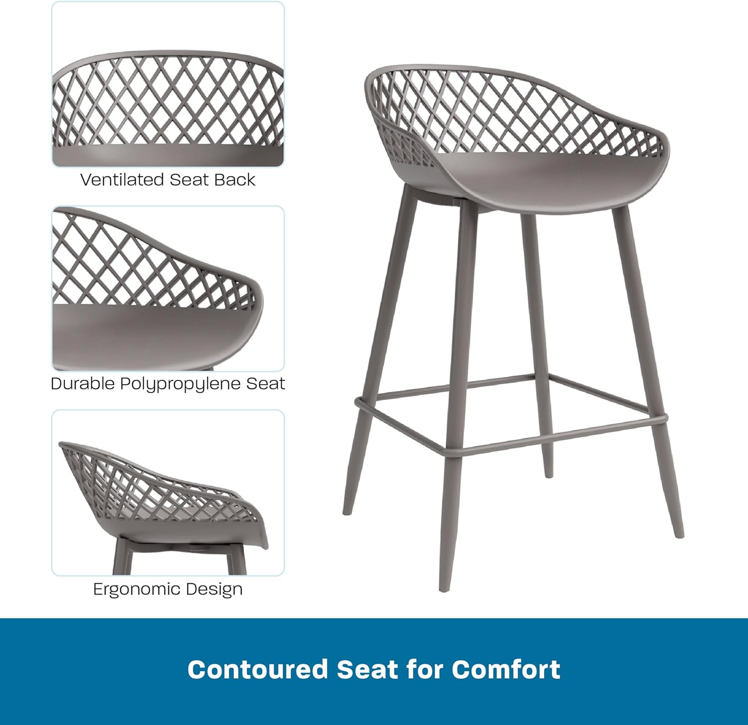 Jamesdar, Kurv Counter Stool Set of 2, 250 Lbs Wt Capacity, Polypropylene, Steel, Indoor/Outdoor, Warm Gray