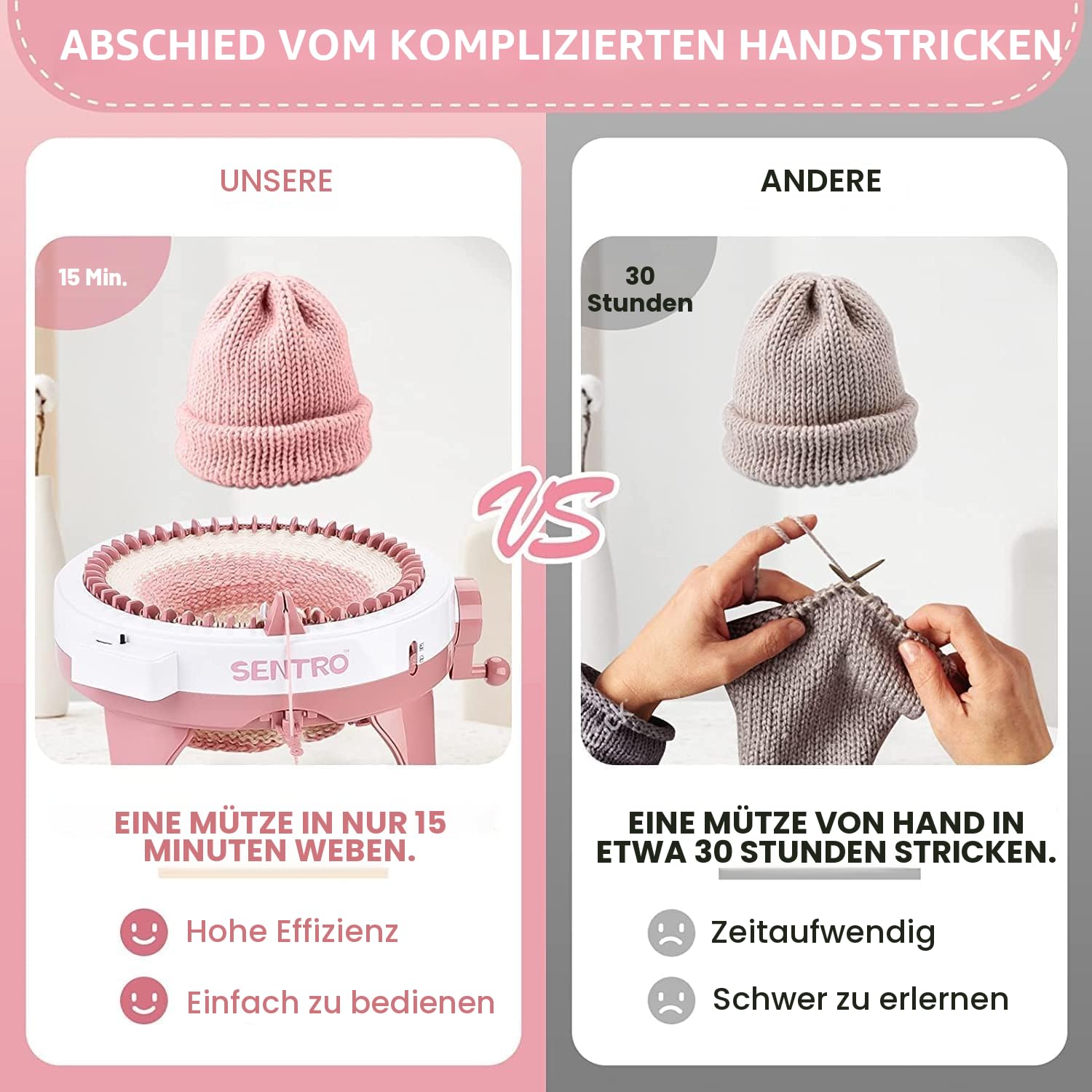 Zcvtbye SENTRO Strickmaschine, 48 Nadeln Strickmaschine mit Reihenzähler Stricken, DIY-Dualmodus strickmaschine für Socke, Mütze und Schal, Webrahmen für Kinder und Erwachsene