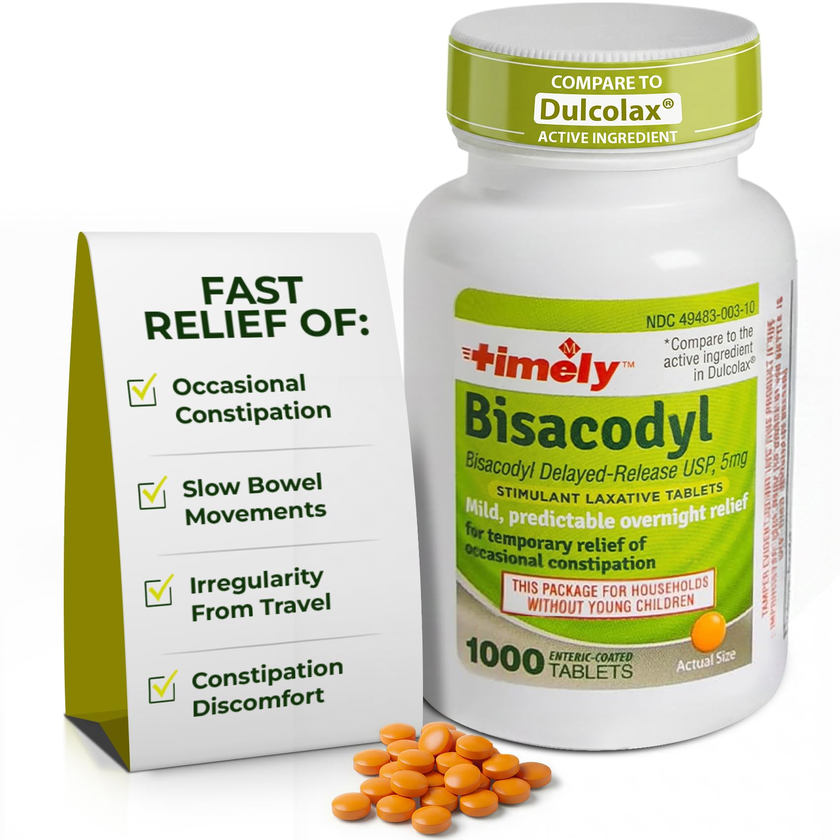 Timely Laxative Bisacodyl 5mg Tablets - Stimulant Laxatives for Constipation Fast Acting & Gentle - Overnight Constipation Relief for Adults -1000 Tablets