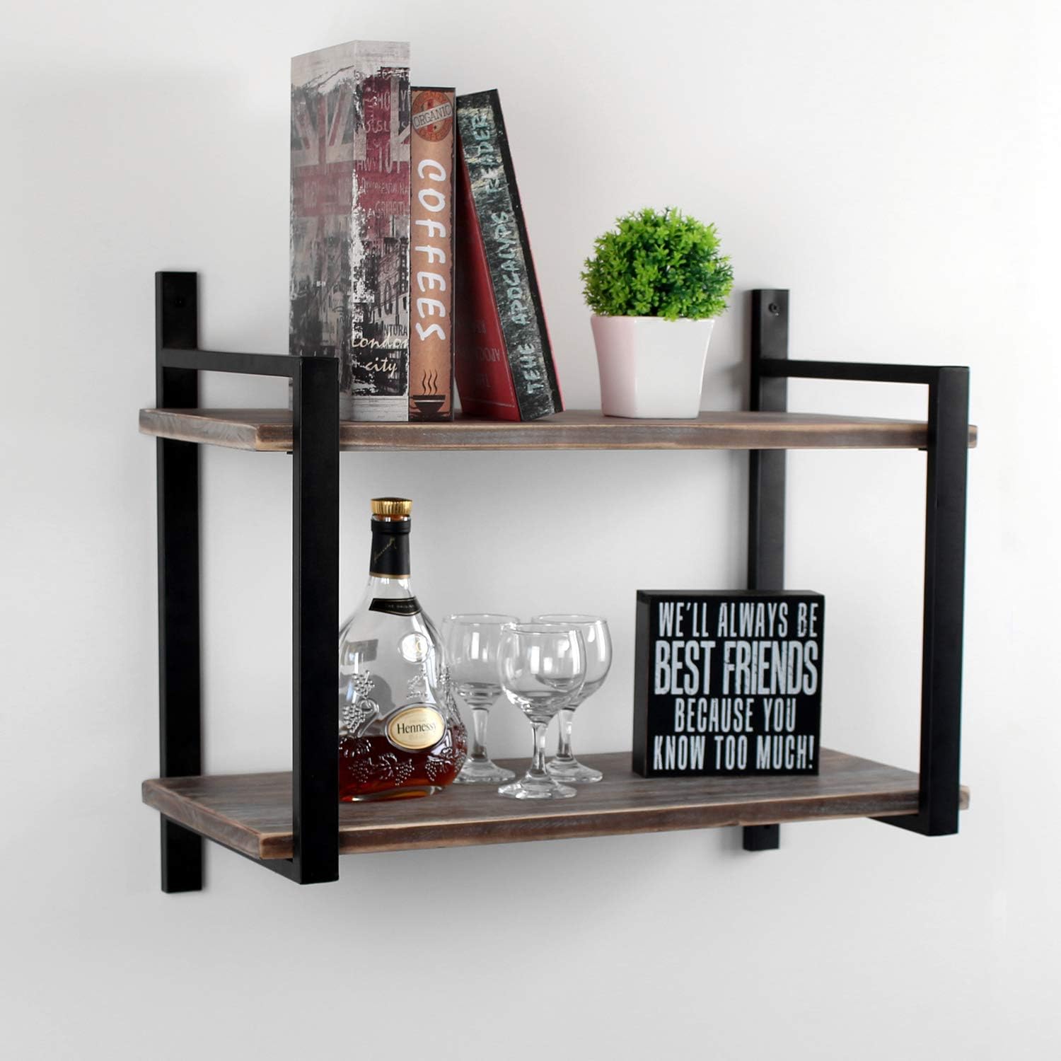 Flash Sale Buy 1 get 1 MBQQ Industrial Floating Shelves Wall Mounted,24in Rustic Metal and Wood Book Shelves,Hanging Wall Shelves for Bedrooms,Office,2 Tier Bookshelf,Wall Shelf Unit,Natural Color