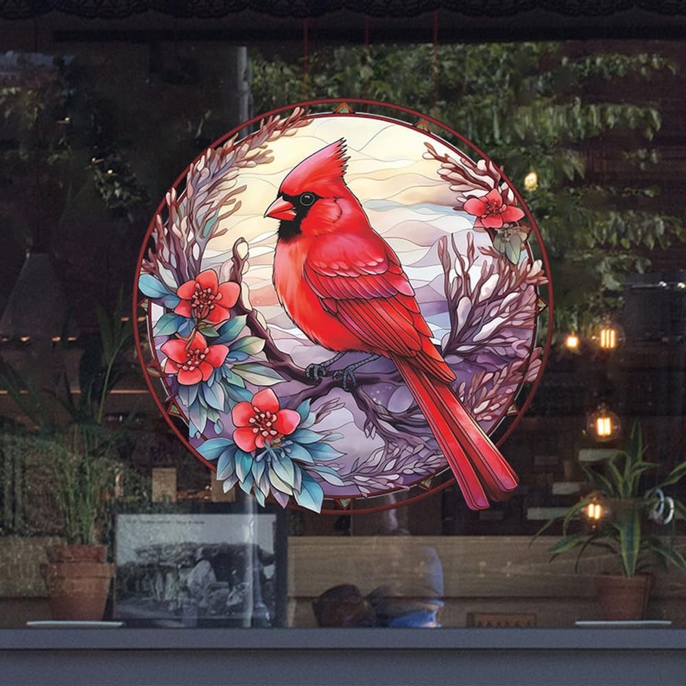 Cardinal Bird Wall Stickers, Cartoon Red Birds on Flowers, Waterproof Self-Adhesive Decals for Home (Round)