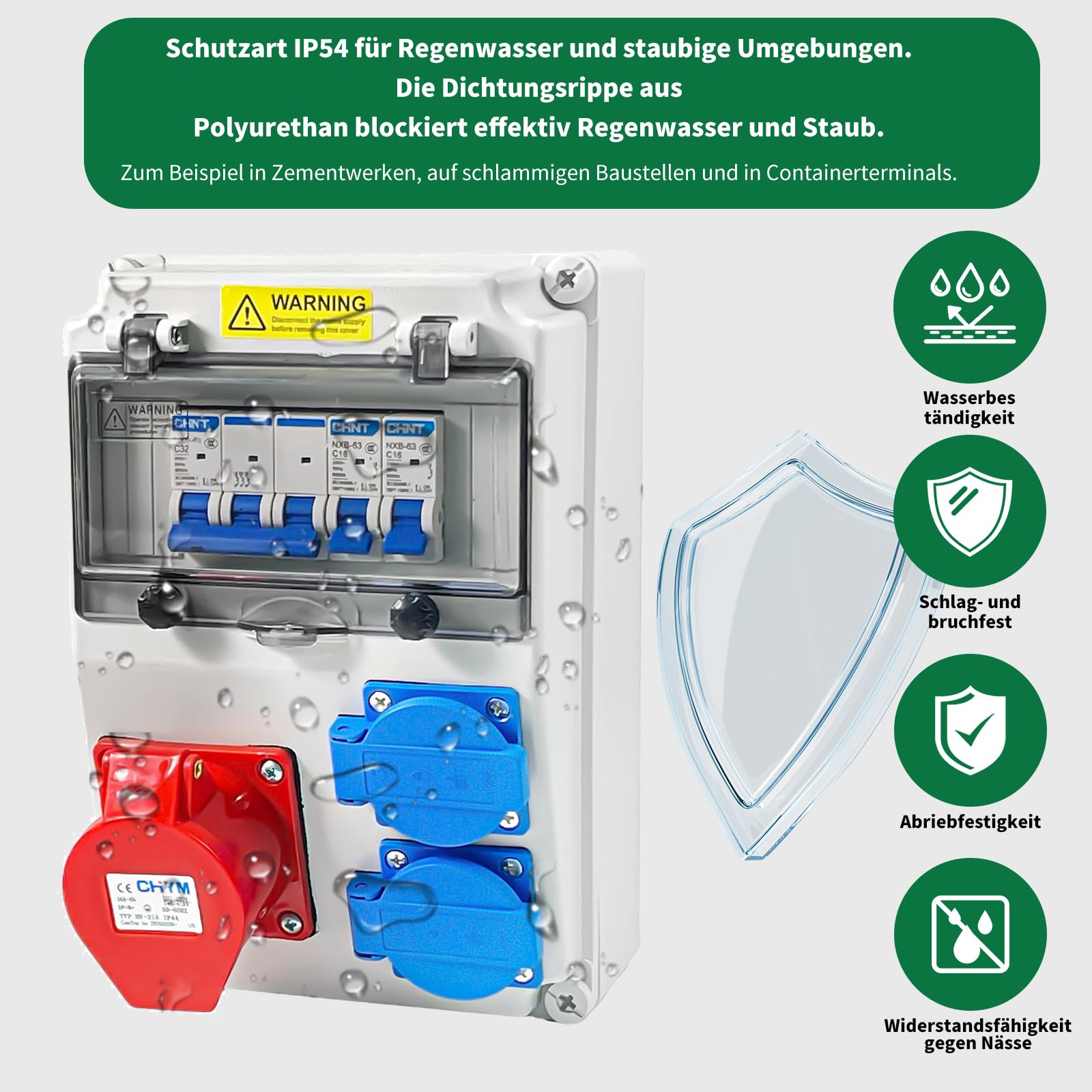 Distribuidor de corriente para construcción, 16 A, distribuidor de pared, 32 A/16 A, IP44, resistente al agua, con interruptor de protección FI, enchufes CEE y Schuko para obras, jardín, industria