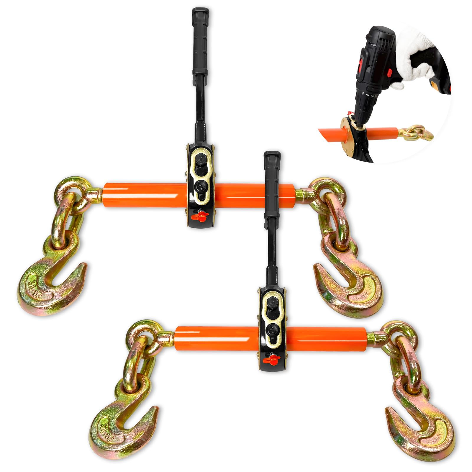Electric Torque Drive Load Binder 2 Pack | Fits 3/8’’-1/2’’ Chain | 9,200 lbs SWL | Heavy-Duty Ratchet Binder Compatible with Portable Drill for Fast Cargo Tie-Down & Load Securement