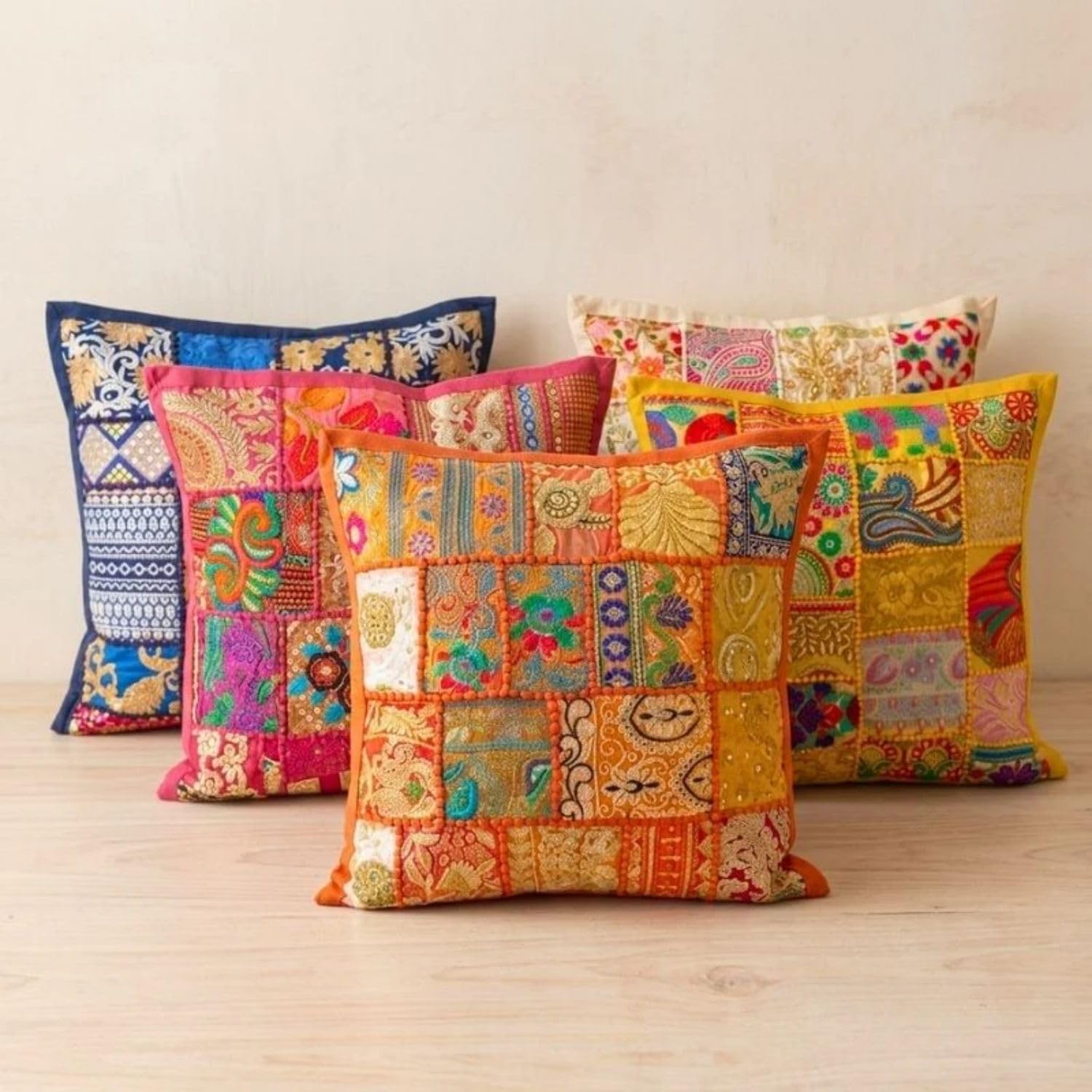 Patchwork Cushion Covers - Set of 5 | Assorted Handcrafted Khambadiya Patchwork | Rajasthani Art Pillow Cover | Ethnic Cushion Covers for Sofa, Bed & Home Decor | 16x16 Inch, Multicolor-image-45