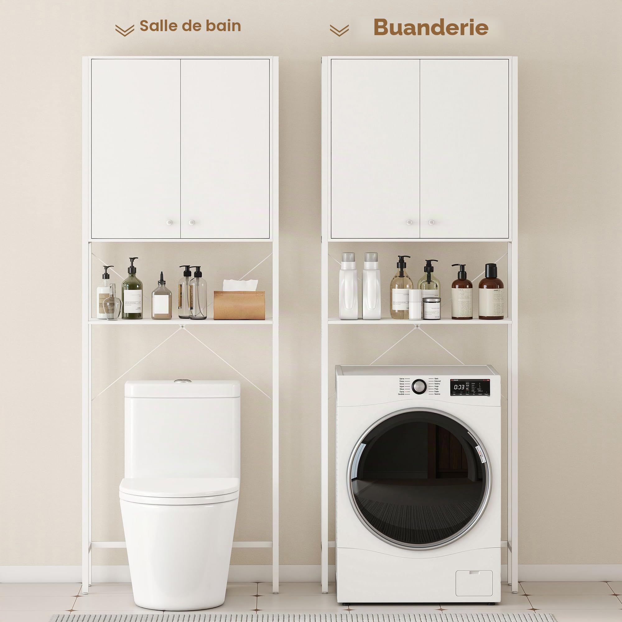 HOMCOM Meuble de salle de bain au-dessus de WC avec armoire 64 x 20 x 180 cm Blanc | Étagère ouverte, meuble au-dessus de la machine à laver peu encombrant, pieds en métal, pour salle de bain et buanderie