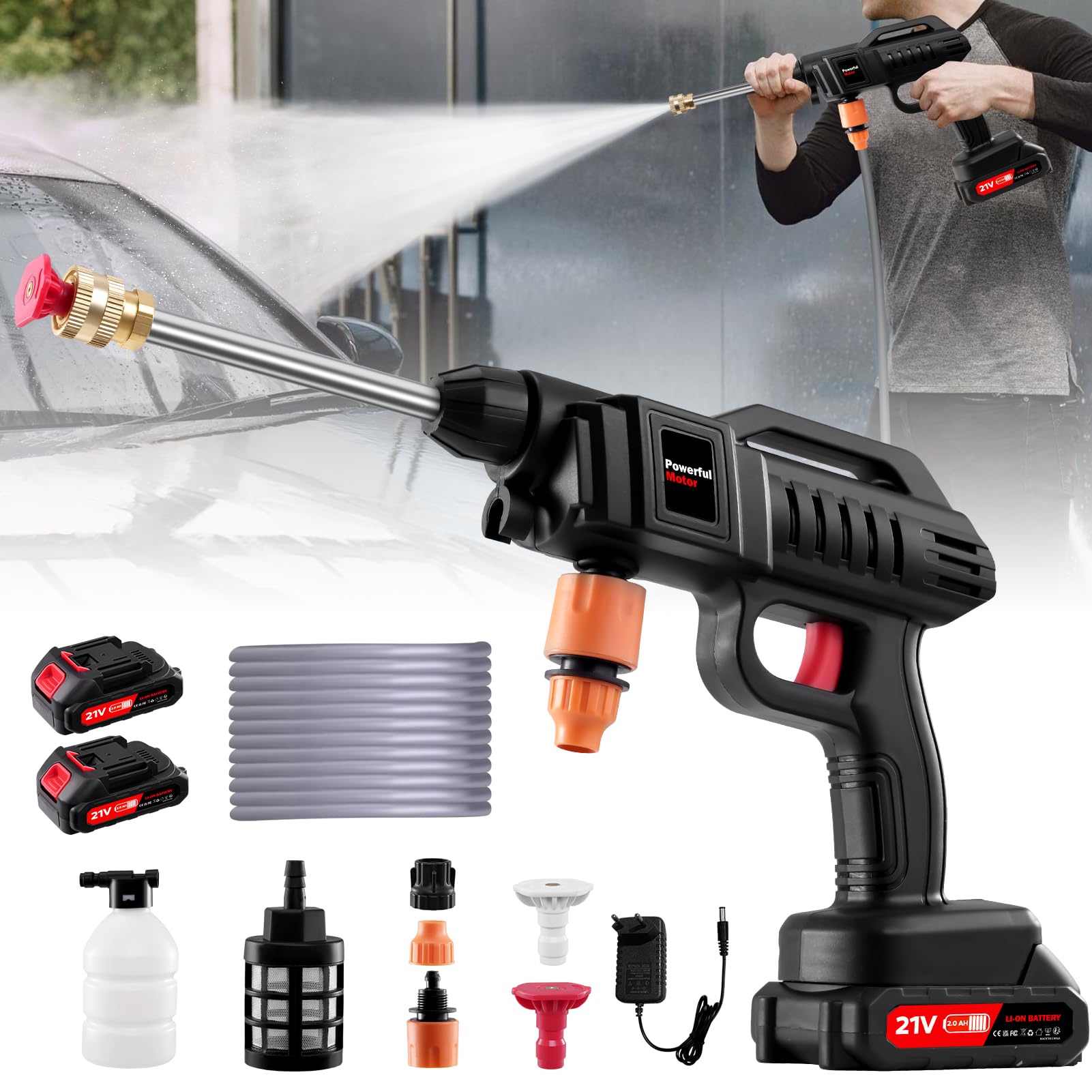 Idropulitrice a Batteria,60 Bar/870 PSI Idropulitrice Portatile con 2 Batterie,3 In 1 Ugello,Tubo da 5M, 480L/H High Pressure Cleaner per Auto,Giardino,Pavimenti e Esterni