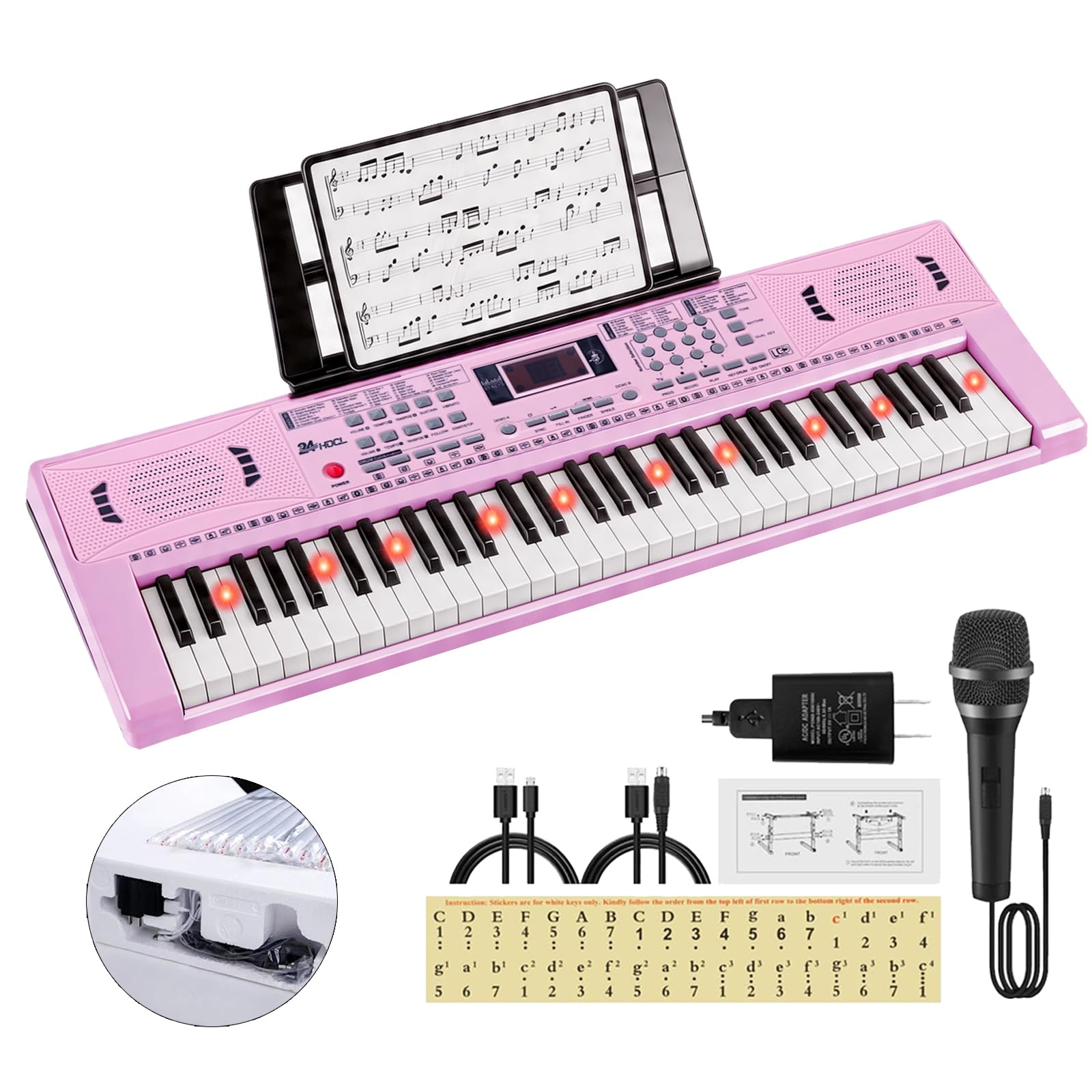 Elektronisches Keyboard Piano 61 beleuchtete Tasten für Kinder (Rosa) | Kids Keyboard Piano with 100 Voices, 100 Rhythms, Built-In Speaker, Microphone, Sheet Stand and Power Supply for Beginners