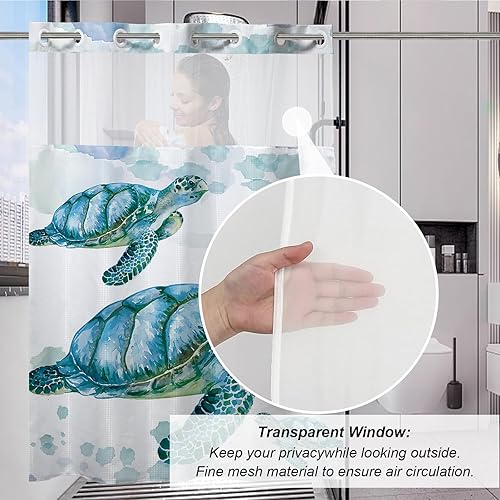 Vista 265 de Cortina de ducha de tortugas marinas, temática náutica de playa, verde y verde azulado, sin ganchos, punto gofre y forro desmontable, decoración