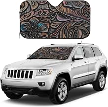 Rustic Western Country Cowboy Tooled Leather Pattern Universal Car Windshield Sun Shade, Foldable Dashboard Protector for Cars, UV Ray Blocker Small