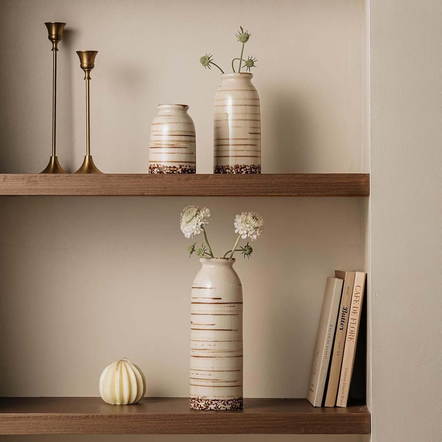 Rustic Ceramic Vase Set of 3 - Beige Rustic Vases for Flowers,Farmhouse Flower Vases for Home Decor,Small Decorative Vase Set for Living Room,Table Shelf,Centerpieces and Fireplace Decorations - Image 7