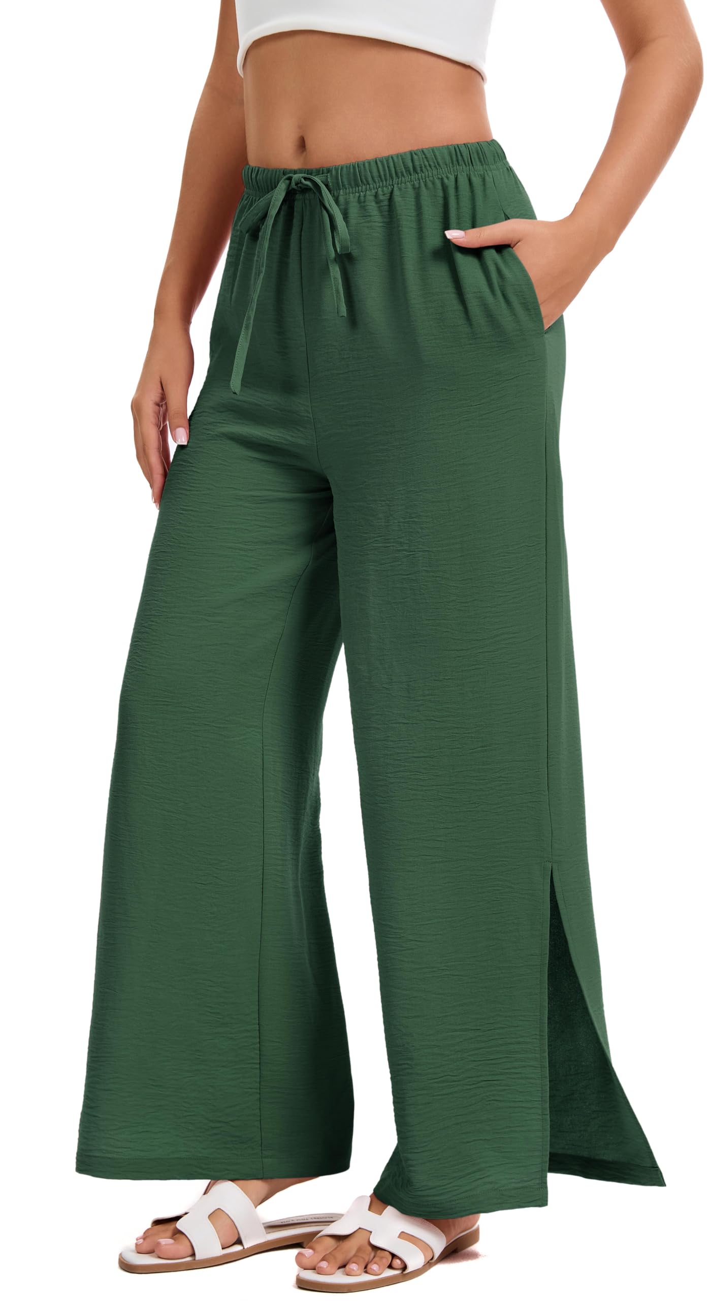 WUWUSK Yoga Stoffhose Damen Leichtweite Palazzo Hose High Waiste Strandhose Mit Kordelzug