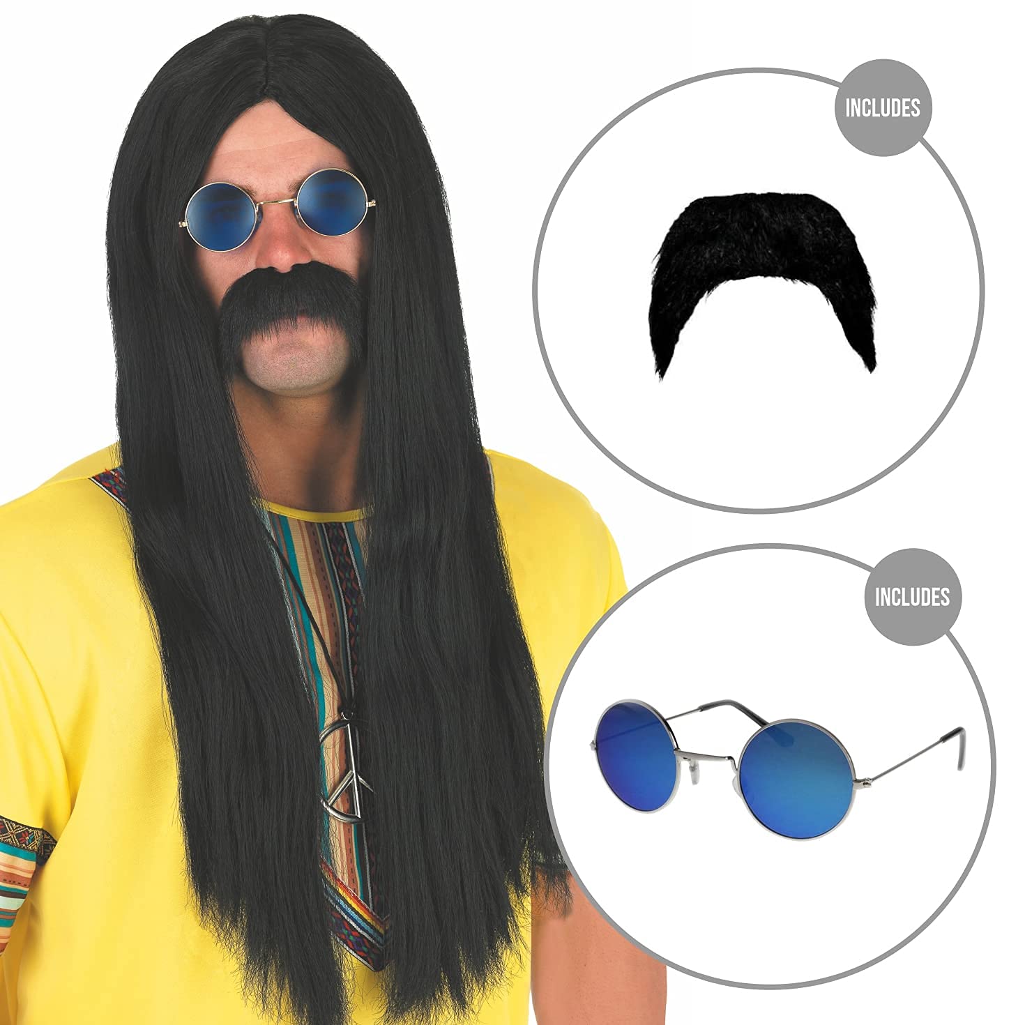 Fun Shack Long Black Wig Men, Hippy Wigs for Men, Black Long Wig Fancy Dress, 60s 70s Wig for Men, Black Wig Men Long One Size - Image 2