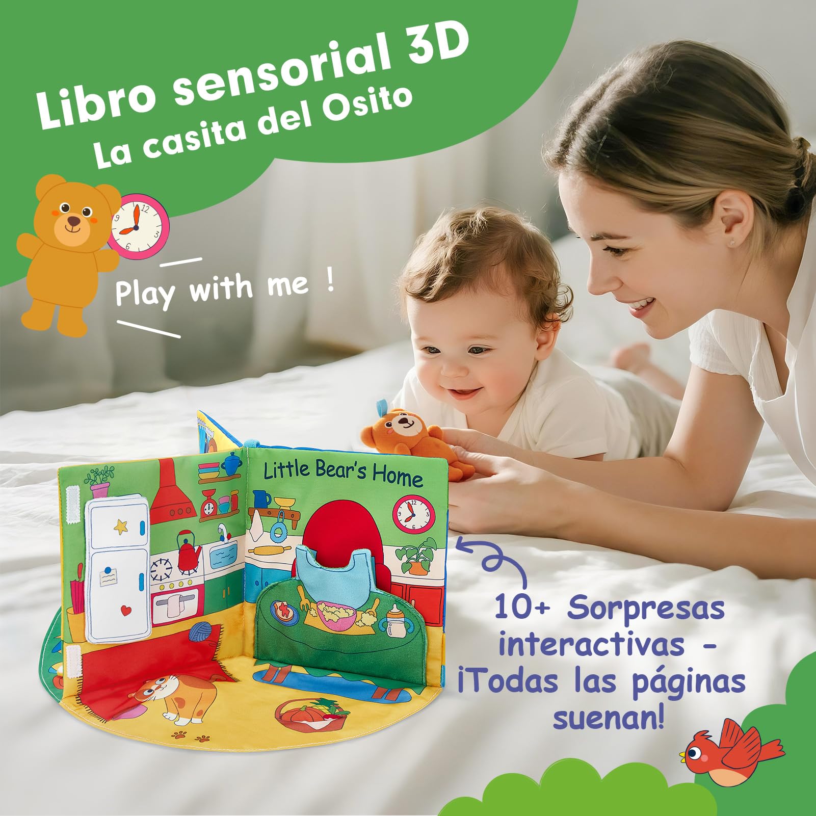 hahaland Libro Bebe Interactivo Juguetes Bebes 0 3 6 Meses, 3 en 1 Libro de Tela Blandos para Bebe Recien Nacido, Libro Sensorial Suave de Actividades - Tummy Time Regalos Bebes 1 Años