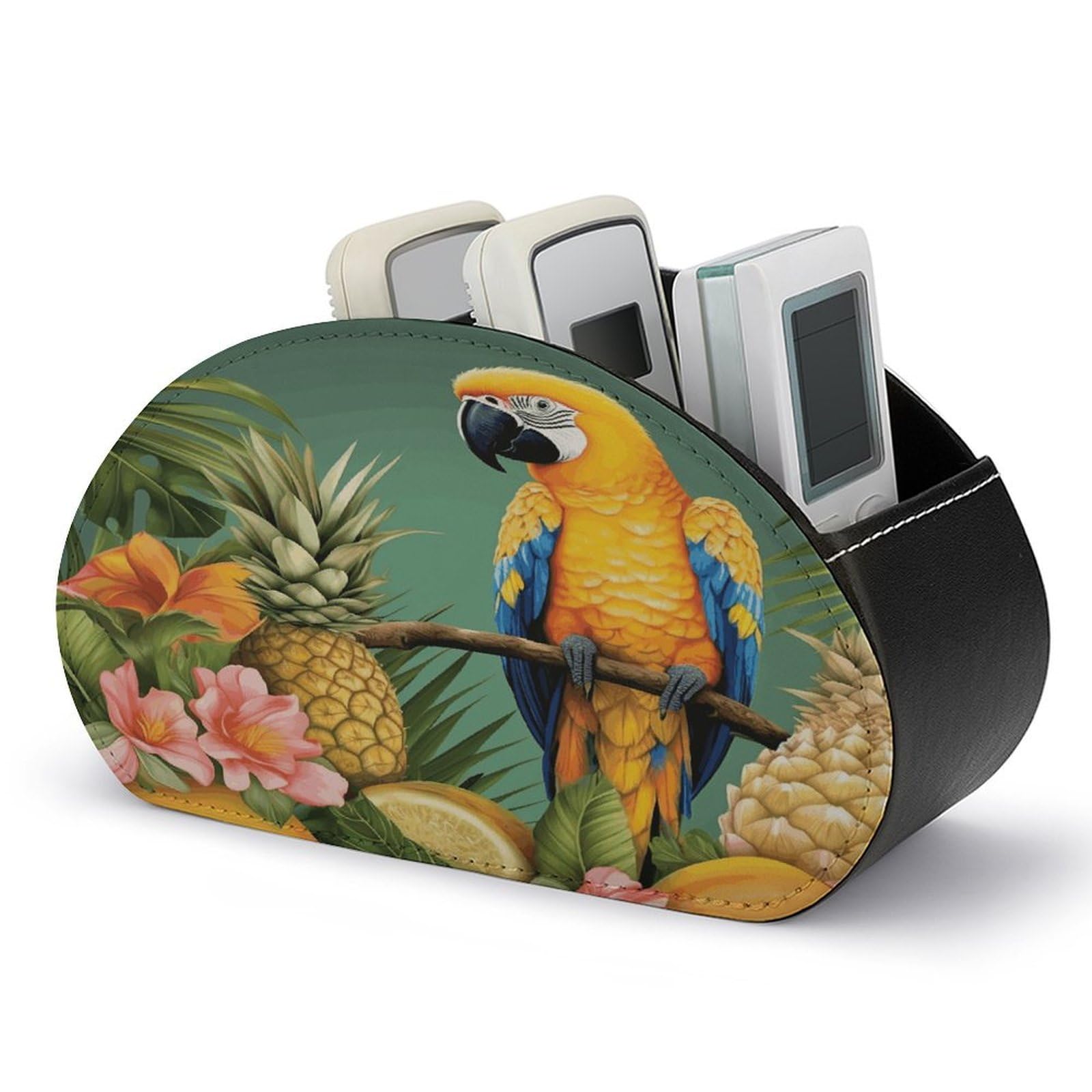 FekiLoot Summer Parrot Pineapple Bird Remote Control Holder, PU Leather Remote Control Organizer Box Stationery Remote Control Box Desk Storage Organizer for DVDs,Glasses,Pens,Media Players