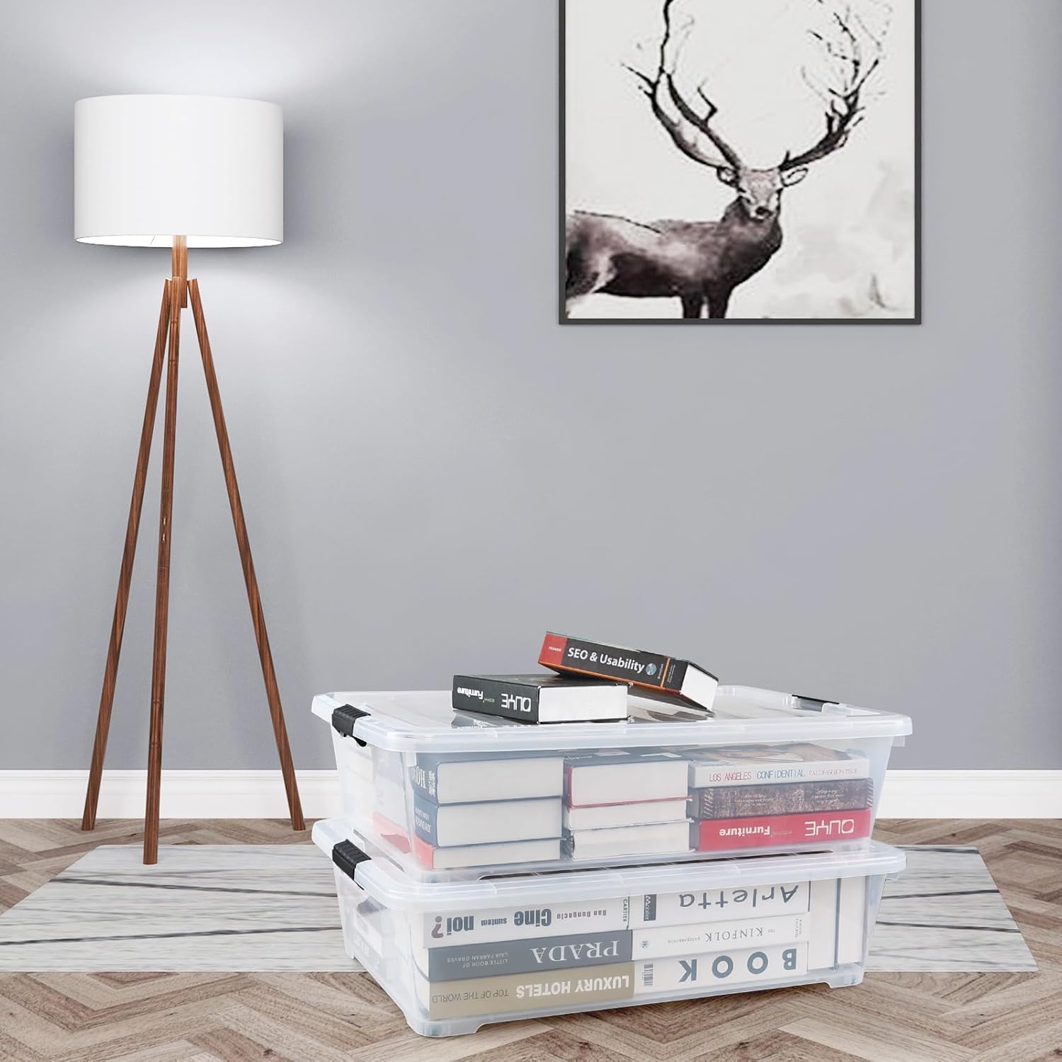 50 L Large Plastic Under Bed Storage Containers, Clear Plastic Underbed Storage Bins with Wheels, 3-Pack