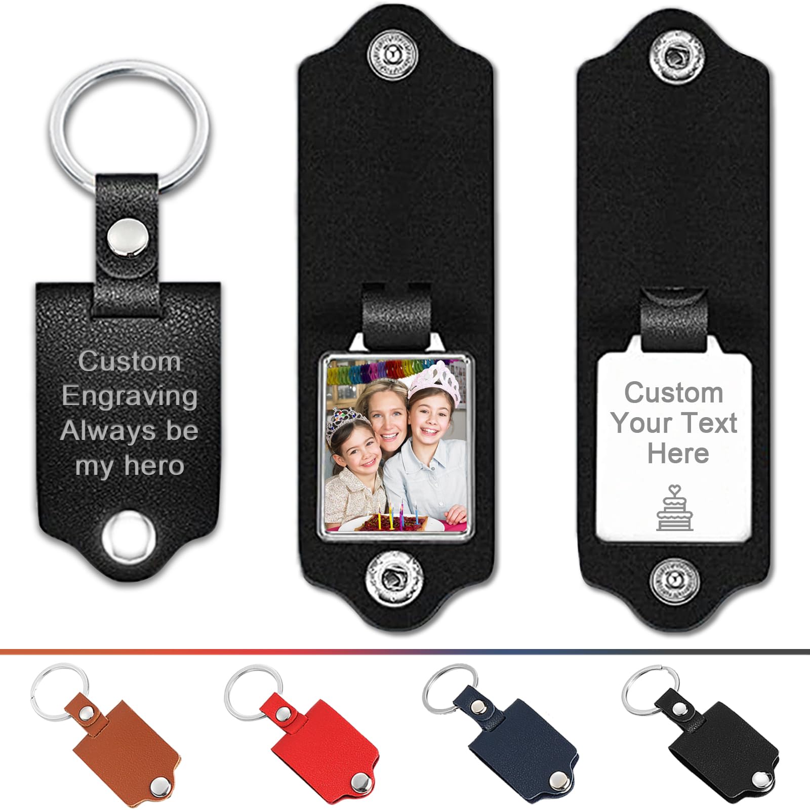 Custom Picture Keychain with Leather Protection, Personalized Full Color Photo Customizable Text Key Chains Memorial Gifts for Family Lover