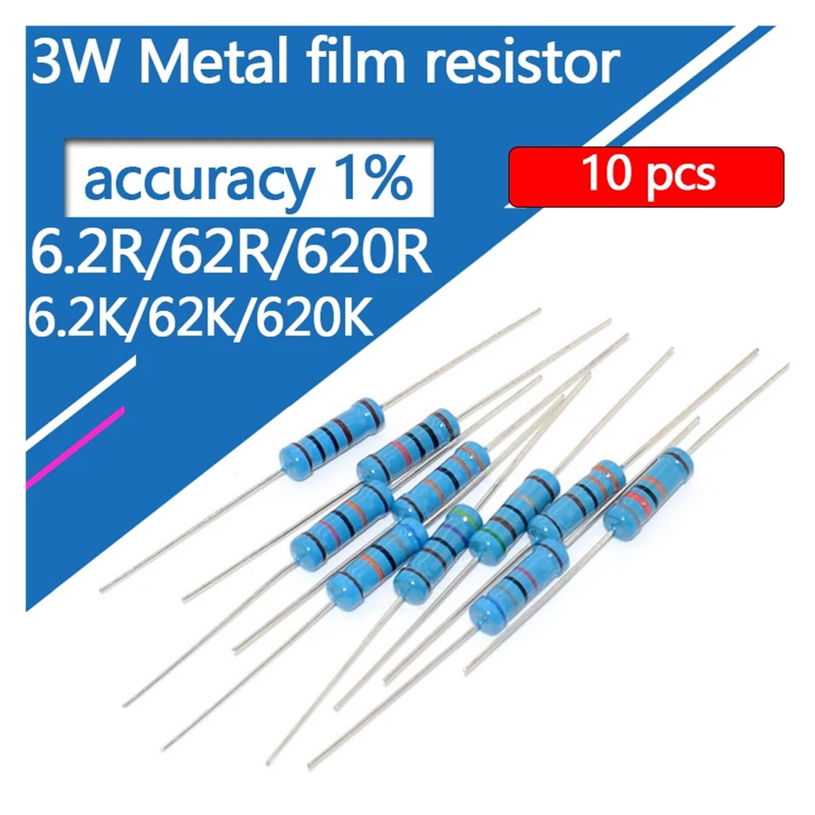 TSIOHKBS 10pcs 3W 0.1R-910K Metal Film Resistor Five-Color Ring 6.2R 62R 620R 6.2K 62K 620K 6R2 62 620 Ohm R K Accuracy 1% Resistance (MF 3W 1K2 10pcs)