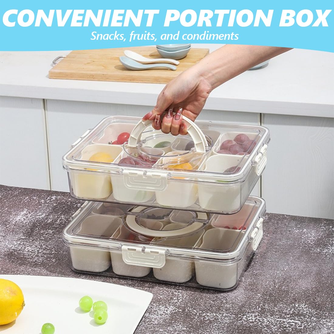 2 scatole per snack con coperchio e manico, vassoio riutilizzabile con 8 scomparti rimovibili, per cucina, feste, picnic, snack per noci, patatine, verdure, spezie, caramelle, frutta e salse