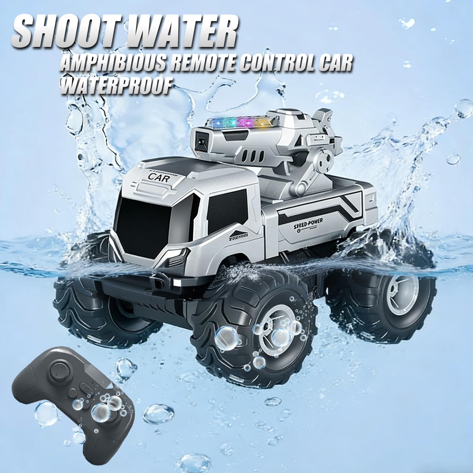 Coche Teledirigido Anfibio con Cañones de Agua, 2.4 GHz RC Coche Teledirigido 360° Rotación y Luces LED, Batería Doble Todoterreno Teledirigido 4x4 Regalo Niños 6 7 8 9 10 11 12 Años